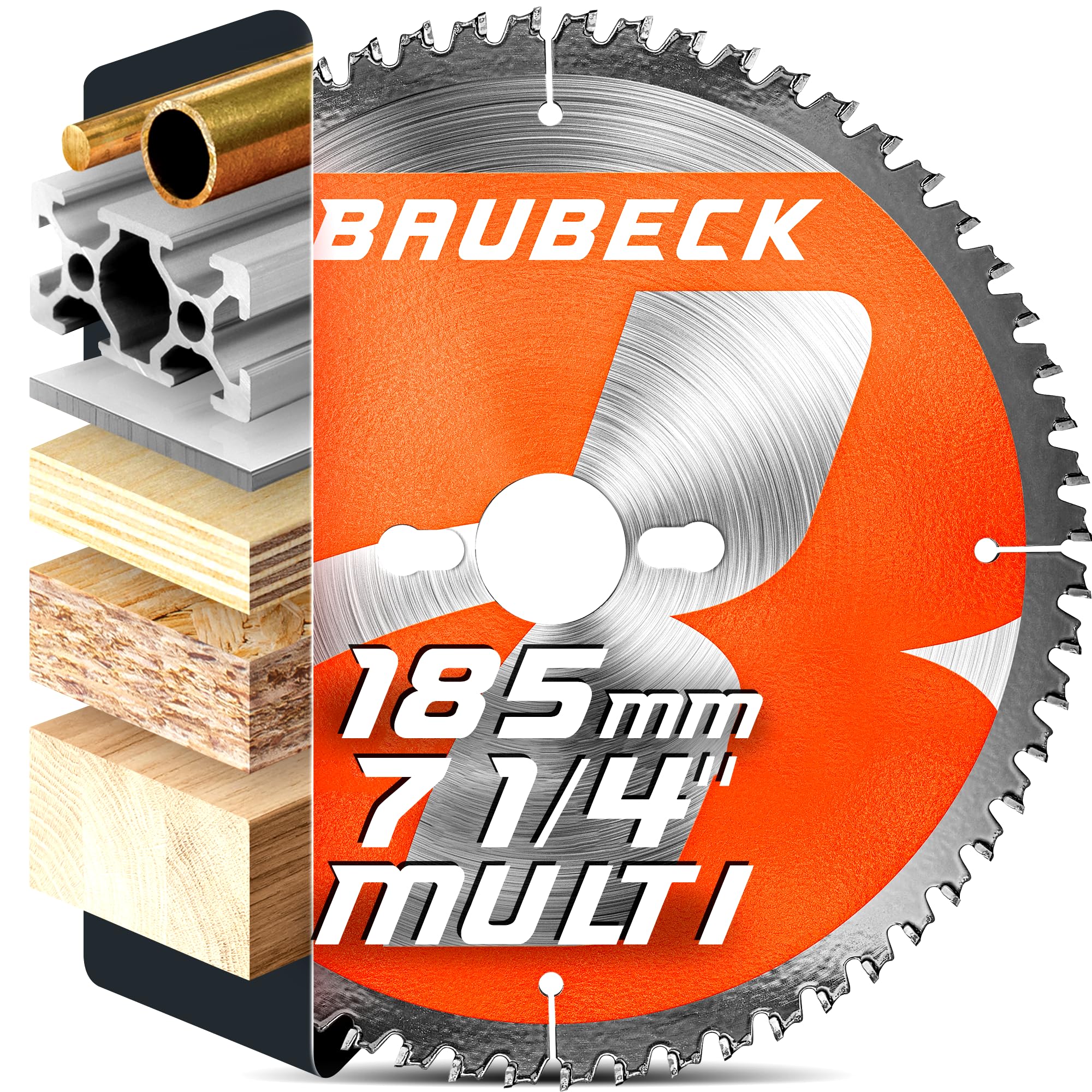 BAUBECK Circular Saw Blade 185mm x 20mm +16mm Ring, 80T fine cut in Wood, Metal etc., TCT 185 mm saw blade x80T