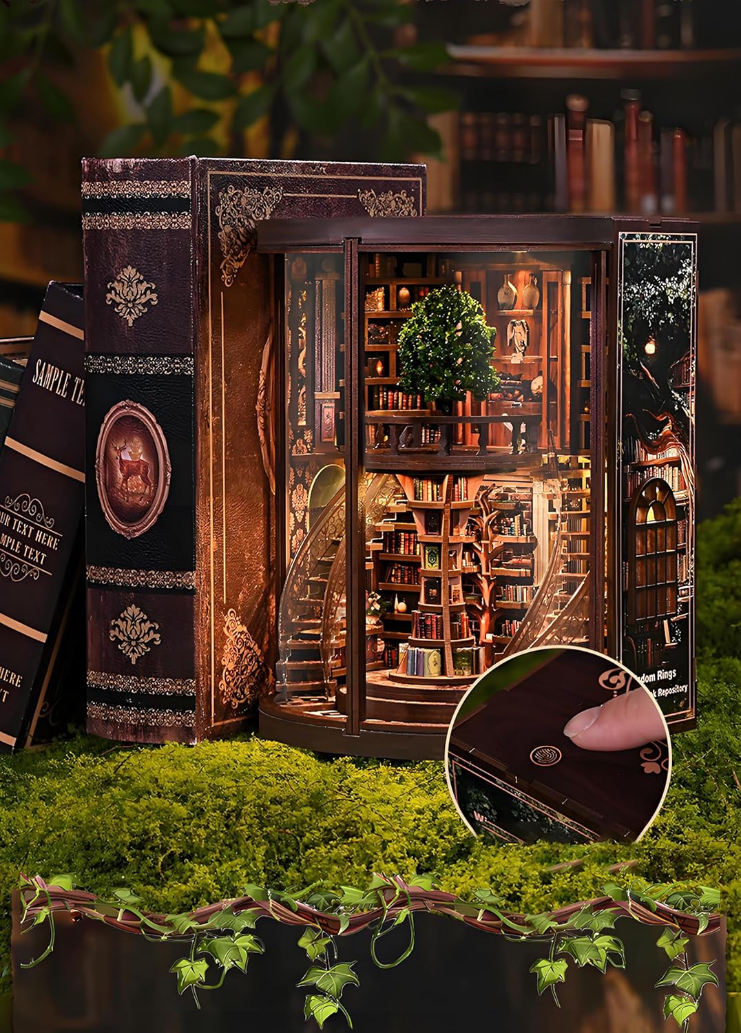 Book Nook Kits for Adults Fantasy 3D Puzzle Library Booknook Kit with Dust Cover Wisdom Book Repository Round Bookshelf Decor Wooden DIY Spiral Staircase Miniature Dollhouse Book House
