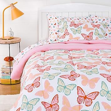 Amazon Basics Kid's Soft, Easy Care Microfiber Bed-in-a-Bag 5-Piece Bedding Set, Twin, Butterfly Friends