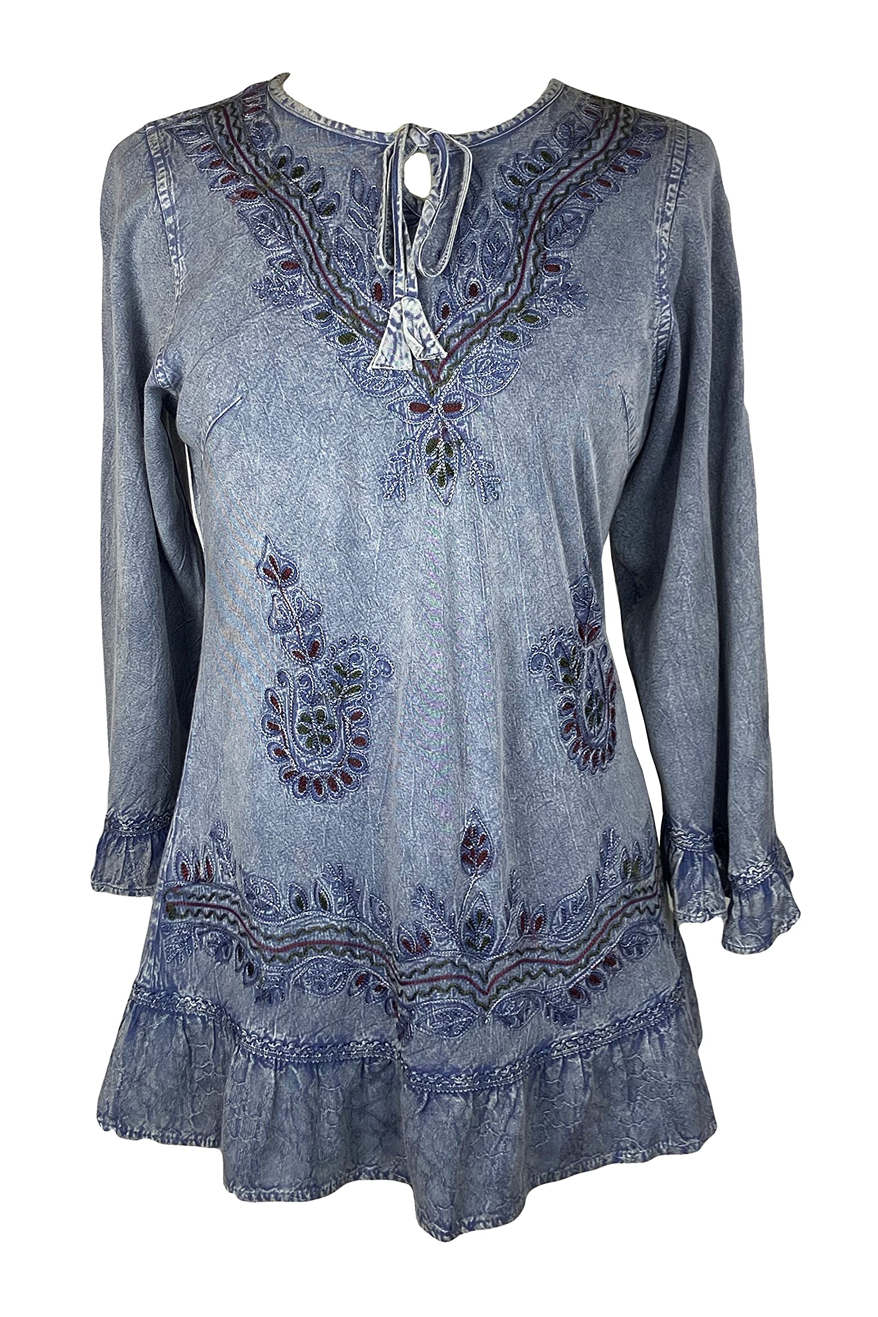 Agan Traders 3/4 Sleeve Ruffle Fall Embroidered Tops for Women - Tie Gypsy Medieval Tunic Women's Blouses
