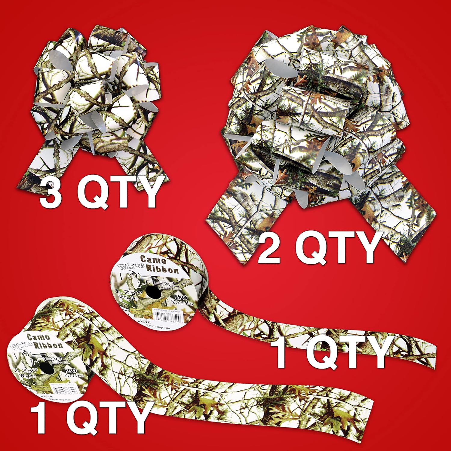 White Hunting Camo Ribbon & Bows Gift Wrapping Kit - 40 Yards of White Camouflage Ribbon and 5 Camo Bows for Gifts, Christmas and Crafts - Hunter Birthdays - (by Havercamp) - Image 2