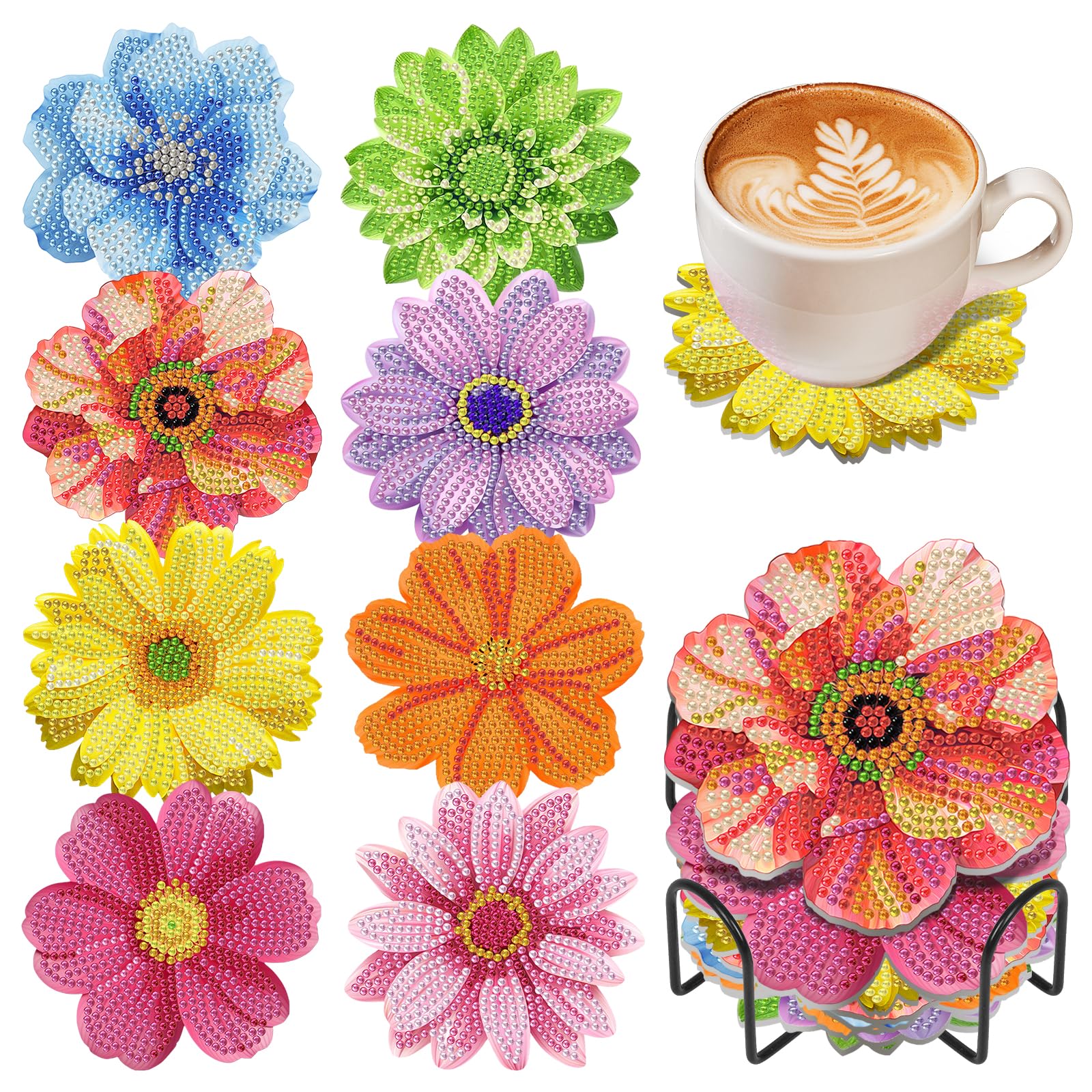 OkarinaArt 8 Pcs Flower Diamond Art Coasters Set with Holder, 5D DIY Floral Diamond Painting Coasters Kits for Adults, Non Slip Coaster Gem Art Crafts Supplies