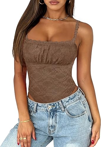 Saslax Women's Sexy Square Neck Lace Sleeveless Bodysuit Tank Tops Double Lined Body Suit Thong Outfits