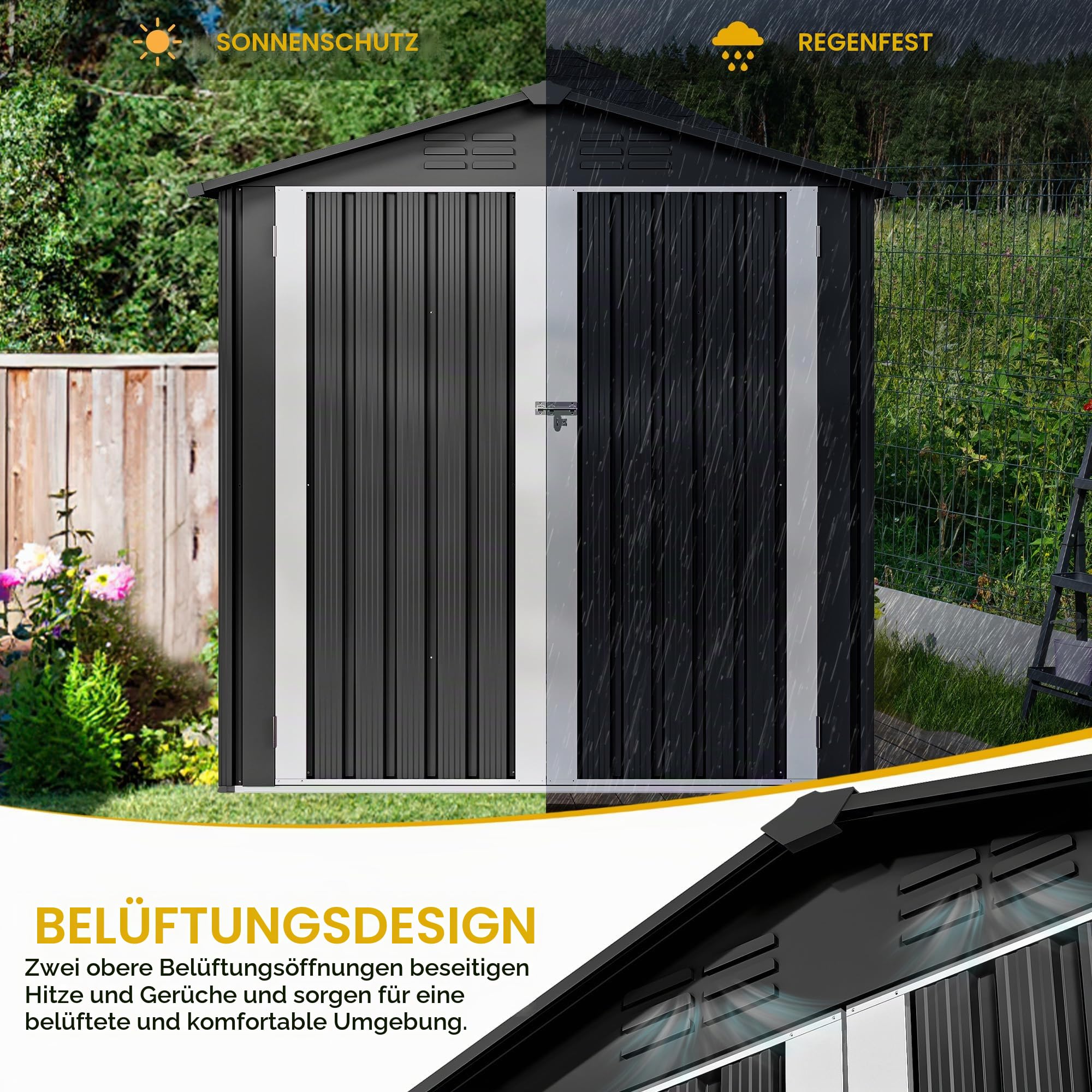YITAHOME Gartenhaus, abschließbar, verzinktes Metall, Outdoor-Schuppen, wasserdicht, mit 4 Lüftungsschlitzen für Fahrrad, Werkzeug, Rasenmäher, Dunkelgrau, 171 x 98 x 184 cm
