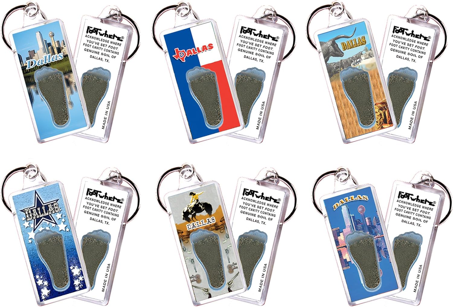 FootWhere Texas Souvenir Keychains. Six (6) Piece Set. Made in USA