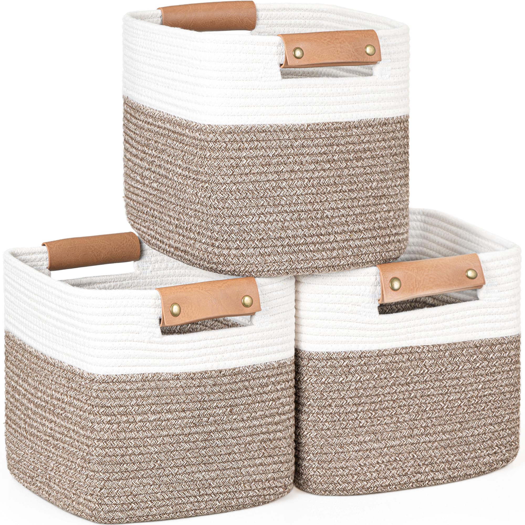 danpinera 11 Inch Storage Baskets, Woven Baskets for Organizing, 3 Pack Storage Cubes for Shelves, Closet, Nursery with Removable Leather Handles, White & Mixed Brown