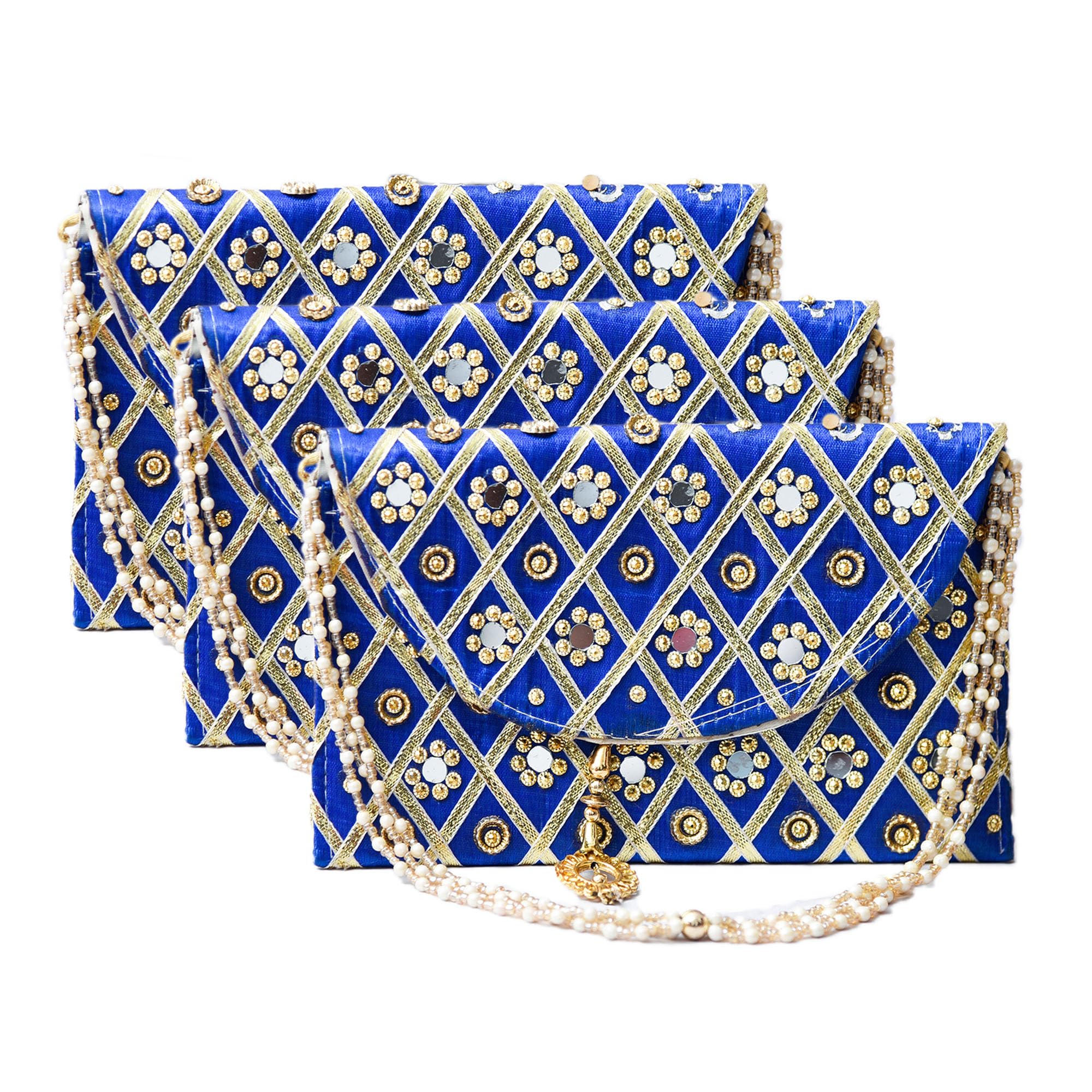 Clutch Purse | Hand Purse | Ladies Hand Purse with Handle | Traditional Shagun Purse | Baby Shower Purse | Gifting Clutch Purse | Mirror Check Purse | Pack of 3 | Blue-image-17