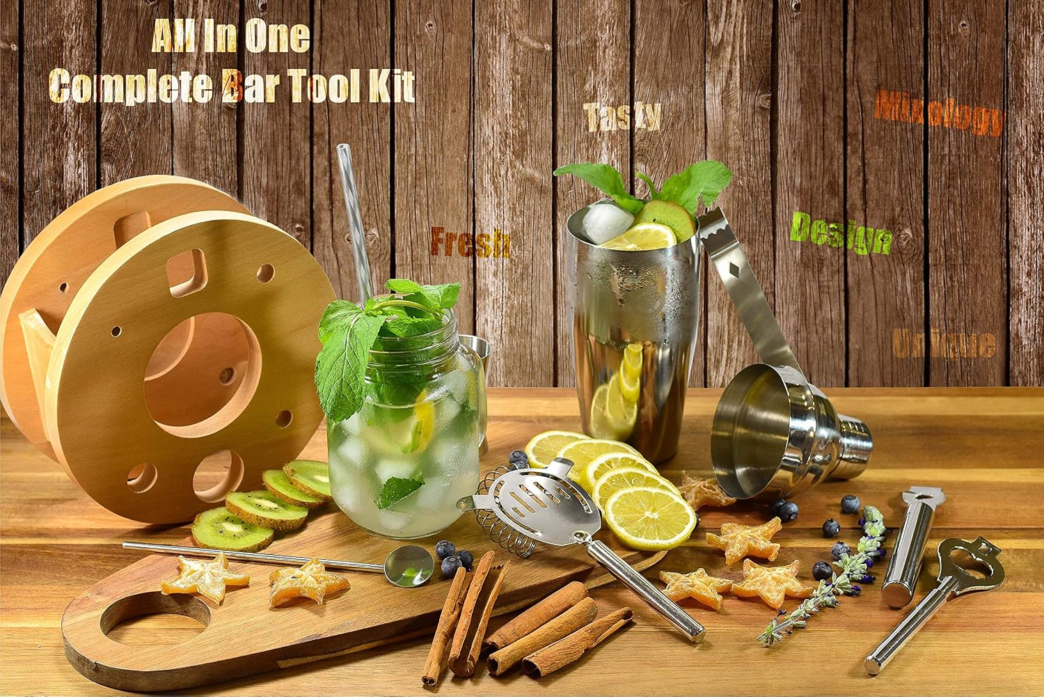 Review Cocktail Shaker 8 Piece Set - Complete Bartender Tool Kit | 24oz Stainless Steel Martini Mixer, Strainer, Jigger, Spoon, Twister, Zester, Grater, Tong, Bottle Opener, Wood Display Stand, Recipe Book Best Deal 🛒 Cocktail Shaker 8 Piece Set - Complete Bartender Tool Kit | 24oz Stainless Steel Martini Mixer, Strainer, Jigger, Spoon, Twister, Zester, Grater, Tong, Bottle Opener, Wood Display Stand, Recipe Book