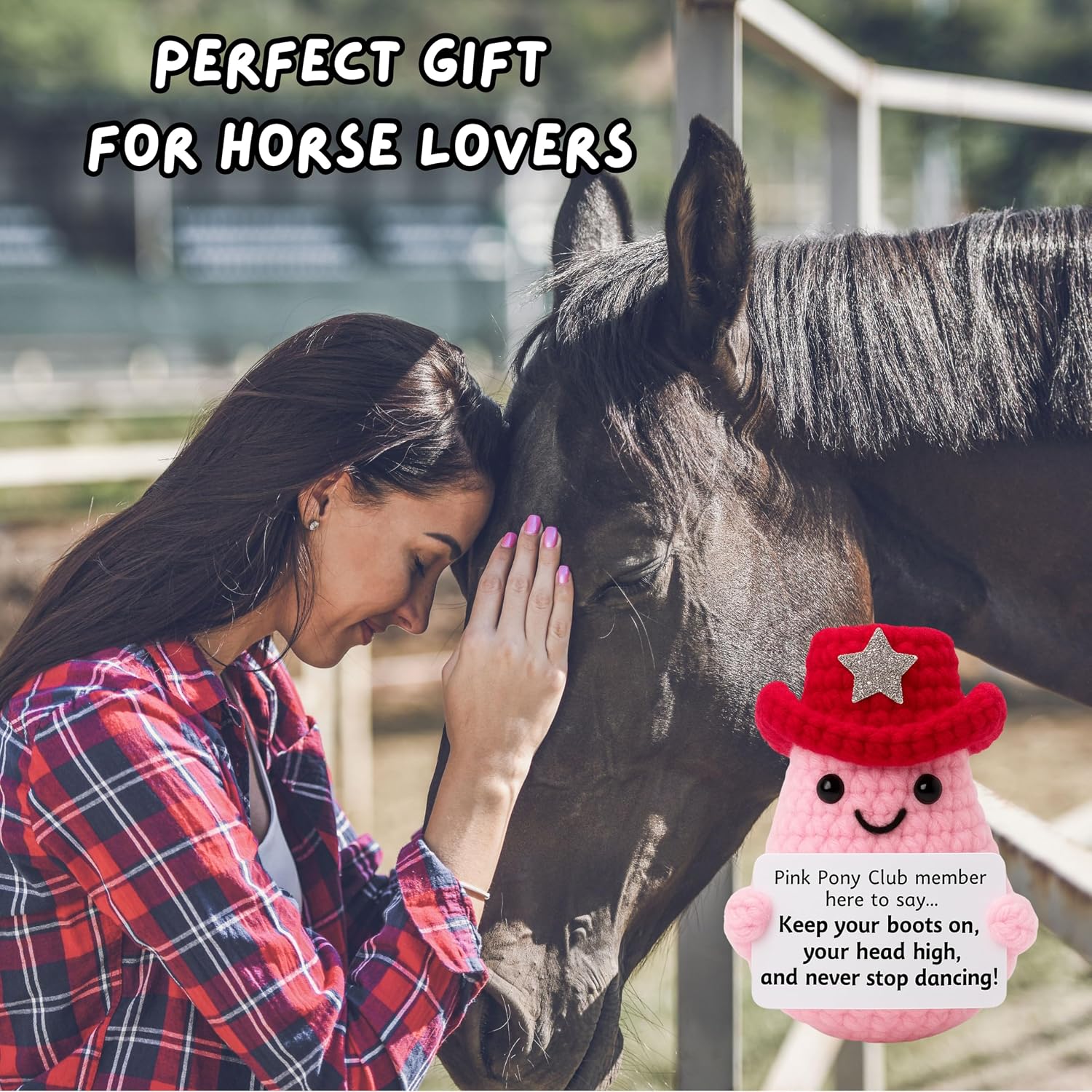 M.O.Q. Pink Pony Club Cowgirl Crochet Doll Birthday Stocking Stuffer Dirty Santa White Elephant Crochet Gifts Ideas for Her Women Friend Small Cute Stuff Things Handmade Emotional Positive Decor