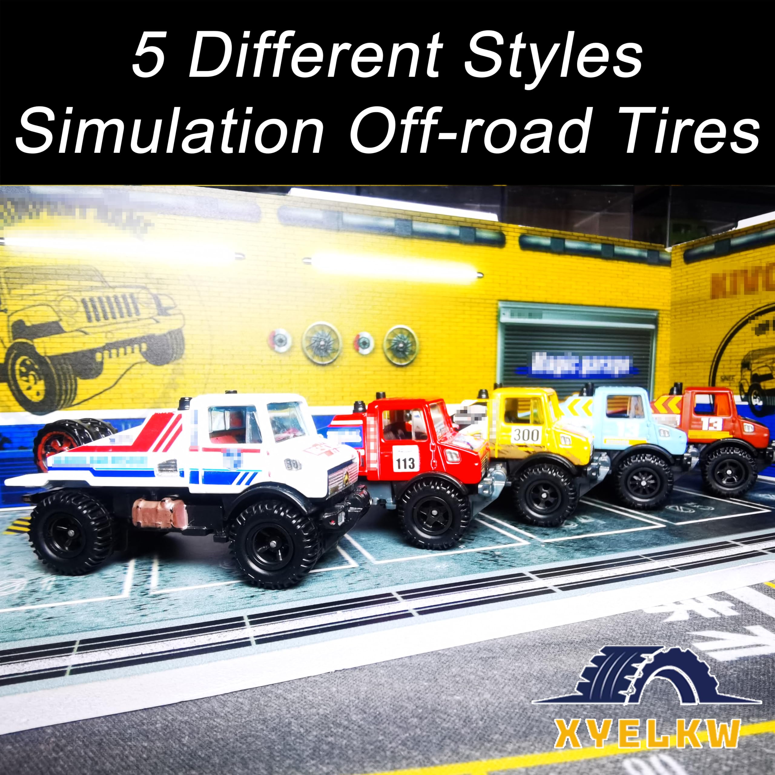 10 Set 1/64 Off Road Wheels, 1:64 Scale Wheels and Tires Set Large Trucks Off-Road Modified Tire with 5 Styles Rims(Tire Diameter 0.68in/17.2mm) (Black)