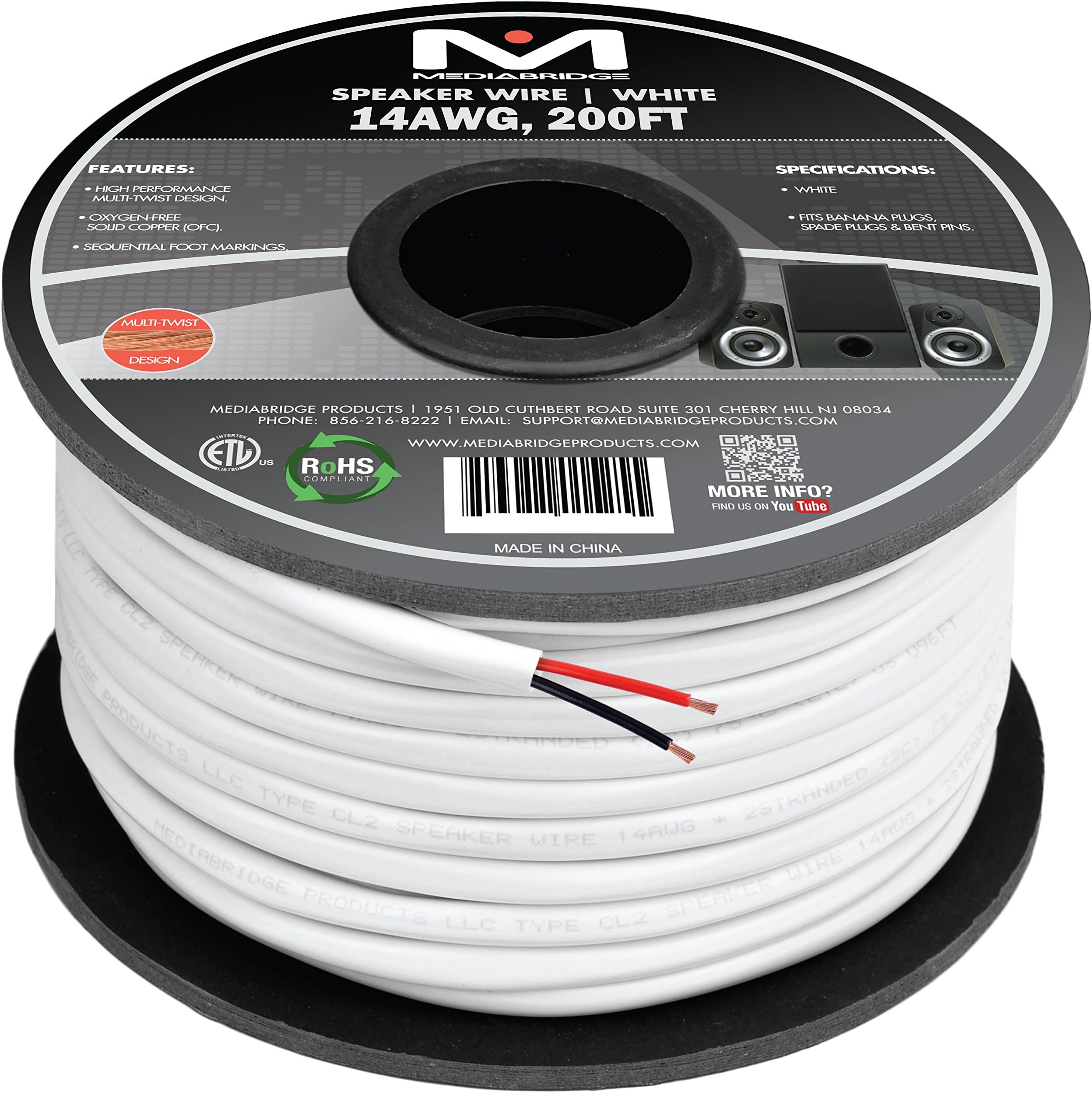Mediabridge™ 14AWG 2-Conductor Speaker Wire (200 Feet, White) - 99.9% Oxygen Free Copper – ETL Listed & CL2 Rated for in-Wall Use (Part# SW-14X2-200-WH)