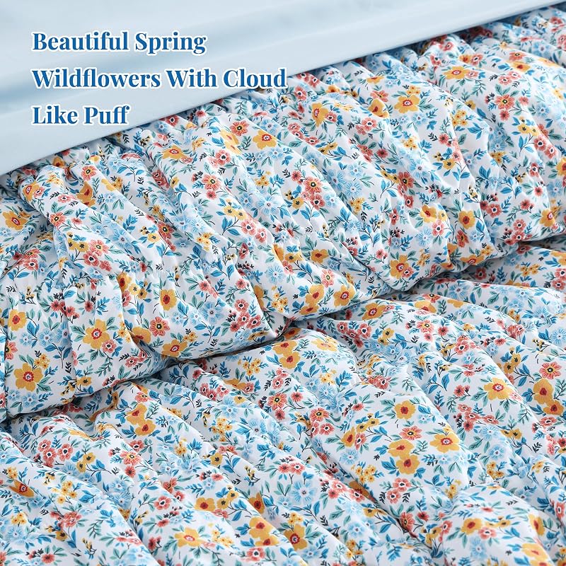 Queen Size Comforter Sets - 3 Pieces Blue Ruched Floral Queen Bedding Sets image 2