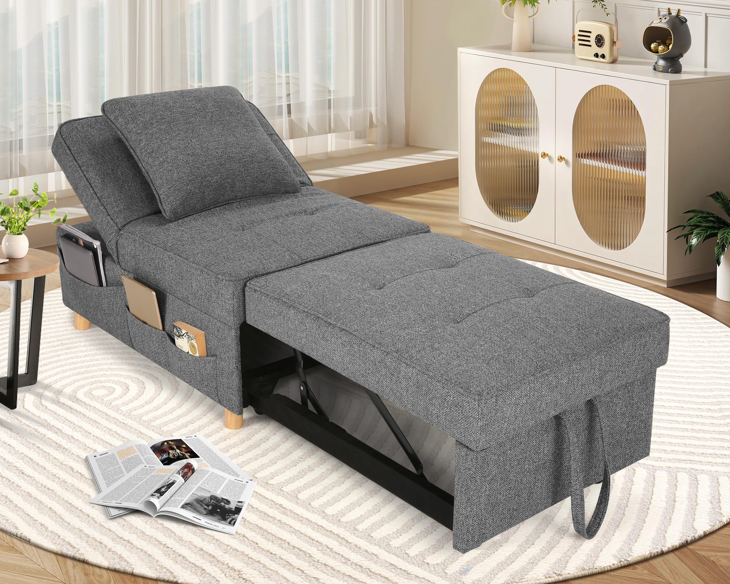 SEJOV Sleeper Sofa Chair Bed,4-in-1 Convertible Sofa Bed Chair with 6 Adjustable Backrest and Pillow, 3-Seat Pull Out Sleeper Chair Linen No Backrest for Bedroom Small Space Living Room, Dark Grey