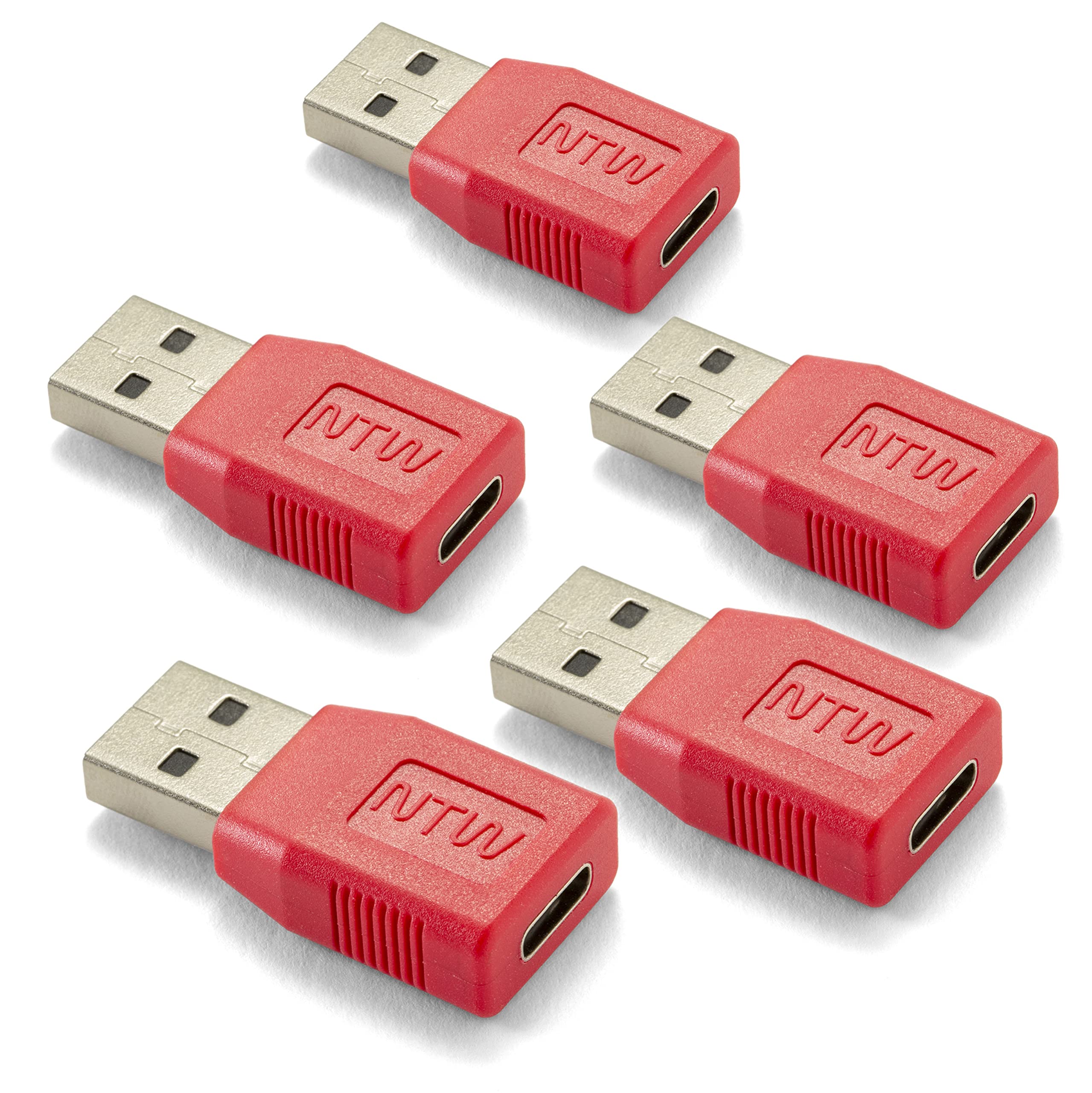 NTWUSB-A to USB-C Data Blocker USB Charger/Secure Charging USB Adapter USB Condom for Blocking Data Sync/Protect Against Juice Jacking/Charge Only Adapter -NUSBC-KDL5-RD (5PK)
