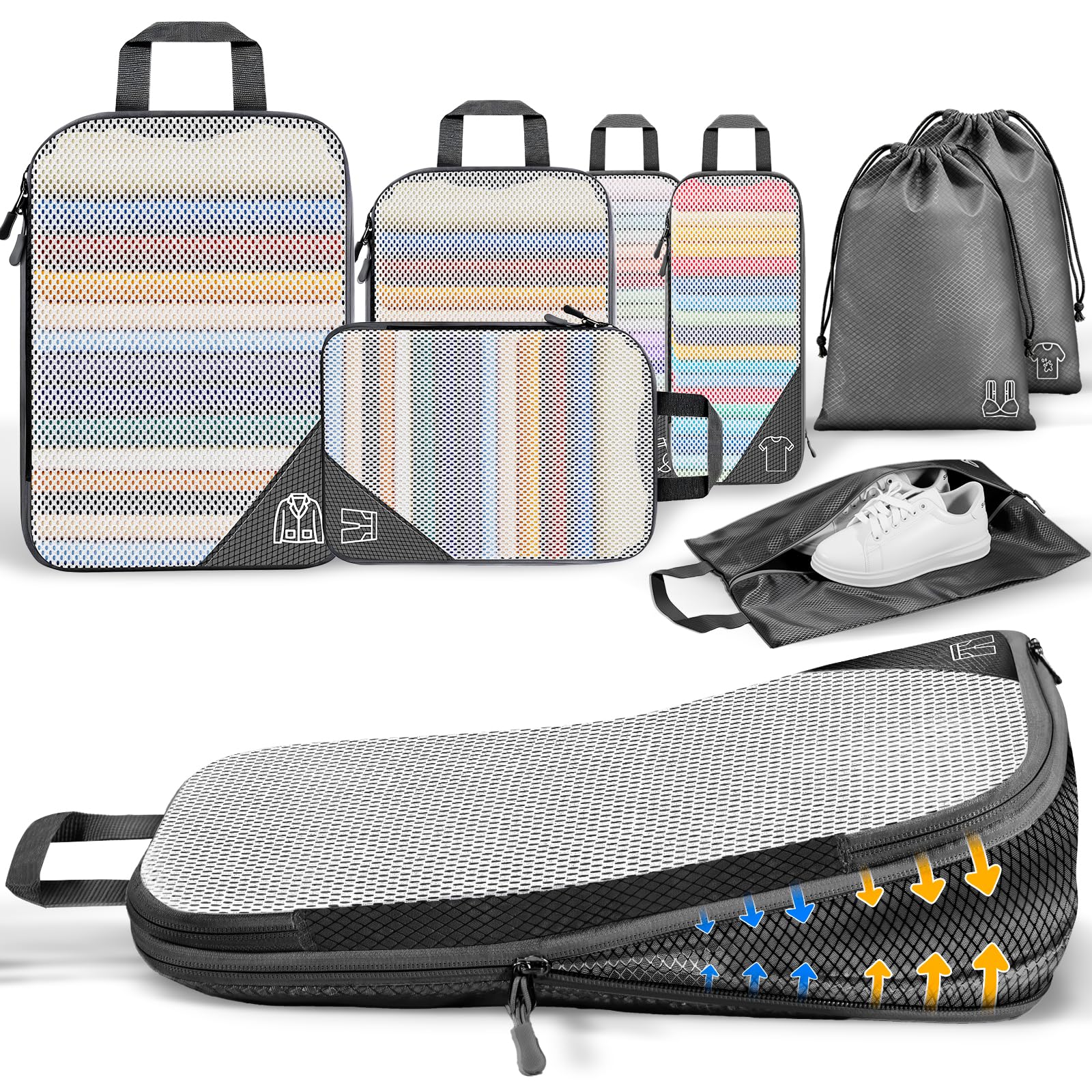 8-Teiliges Packing Cubes Compression Set: Leichter Koffer Organizer Kompressions Packwürfel Packtaschen für mehr Platz - Für Backpack, Camping Zubehör & Wander Ausrüstung Organizer, Schwarz