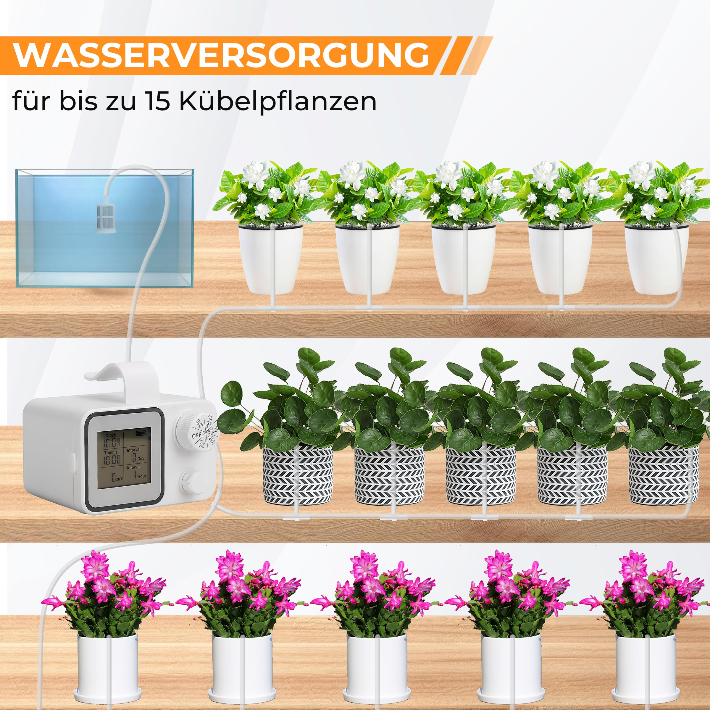 Automatische Bewässerung, Bewässerungssystem Balkon Indoor, Selbstbewässerungssystem für 15 Topfpflanzen, Automatisches Tropfbewässerungssystem, Urlaubsbewässerung Pflanzenbewässerung mit Wassertimer