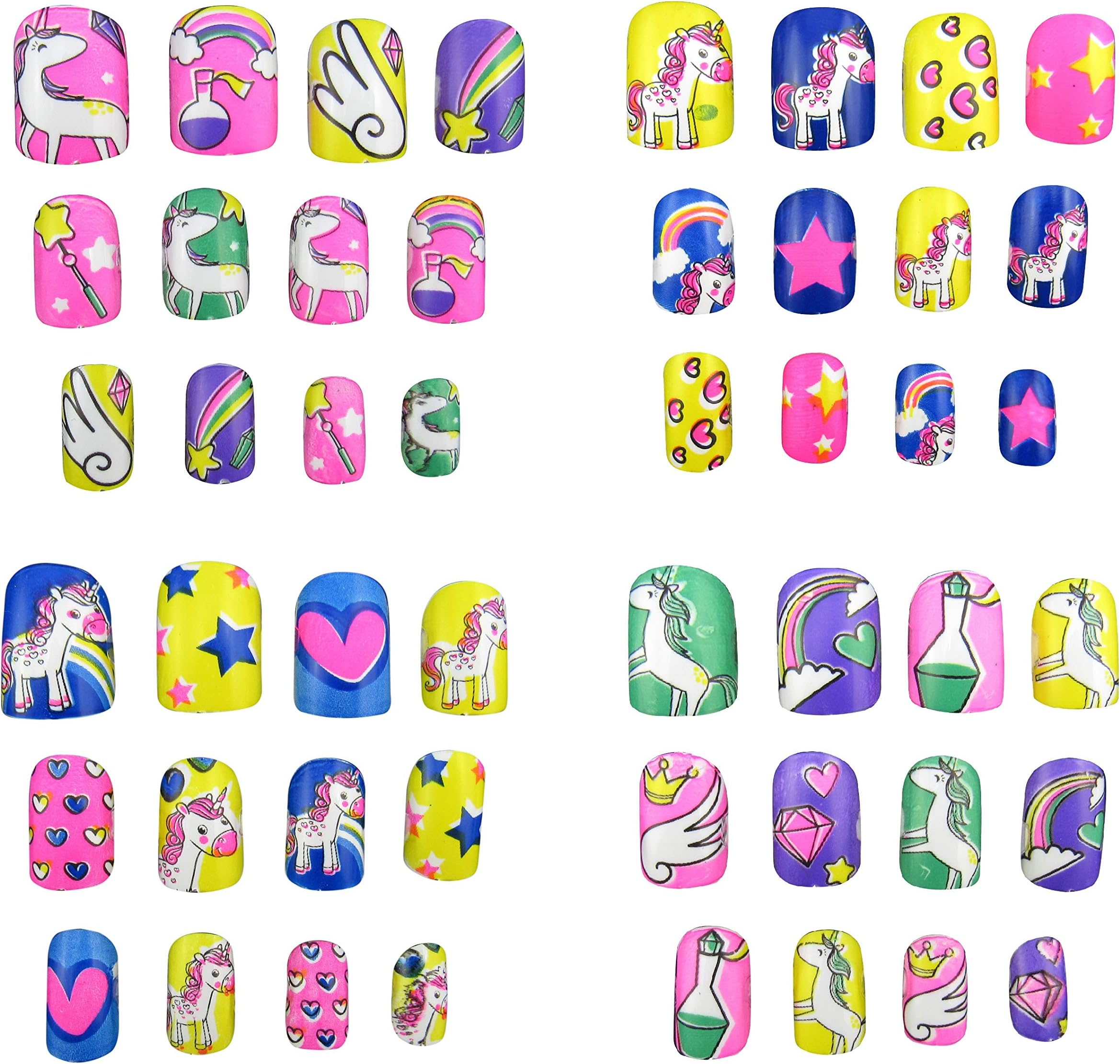 Unicorn False Nails Pre-Glue for Children (48 Pieces Total) – Full Cover Glitter Rainbow Sparkling Fake, Press On, Manicure Decal Wraps Nails for Little Girls, Christmas Gifts (4 Pack)