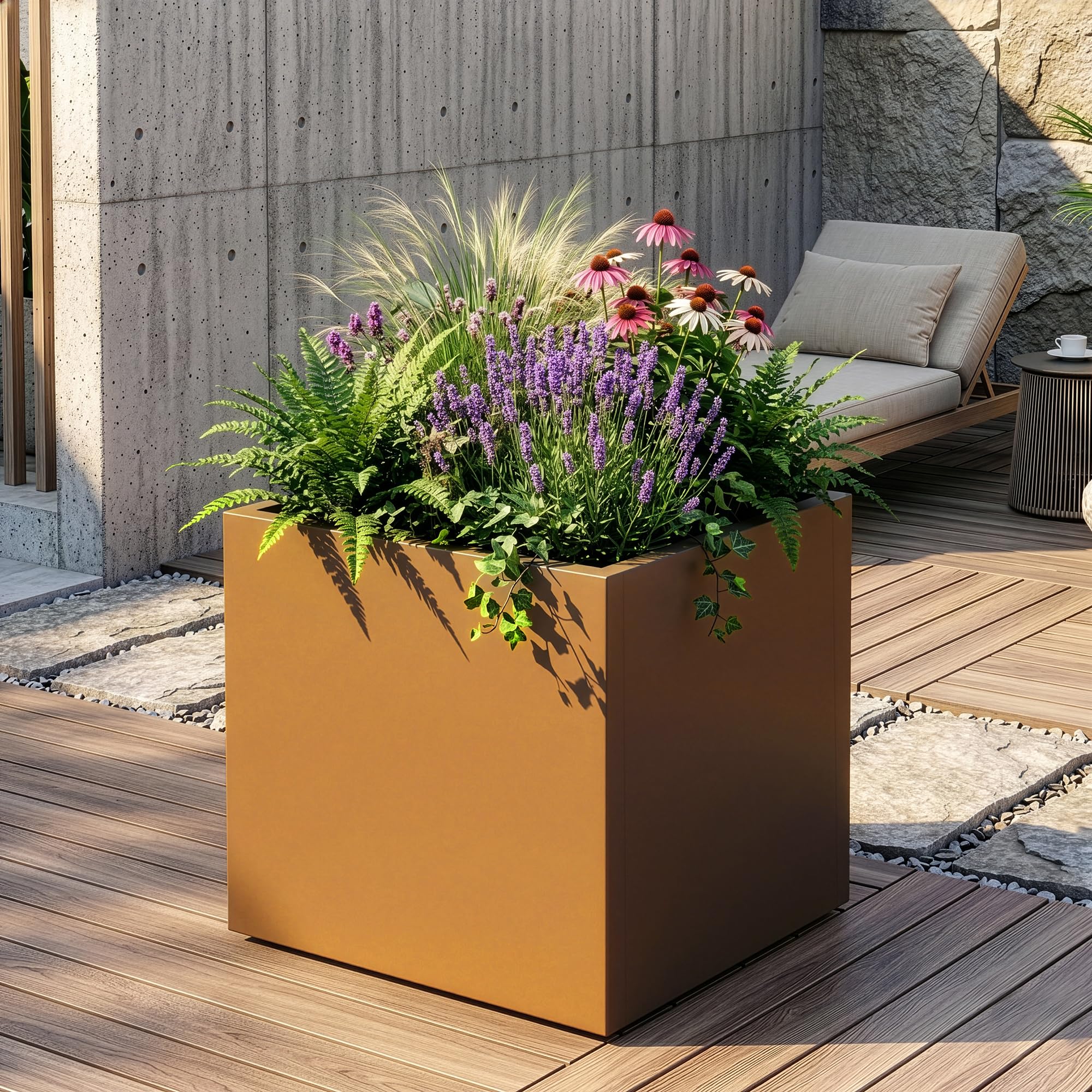 casa.pro Jardinera Vaargel Macetero Alto Cubo Jardinera Exterior Grande para Terraza Jardín Balcón Patio Drenaje Integrado Acero Galvanizado 60 x 60 x 60 cm - Marrón
