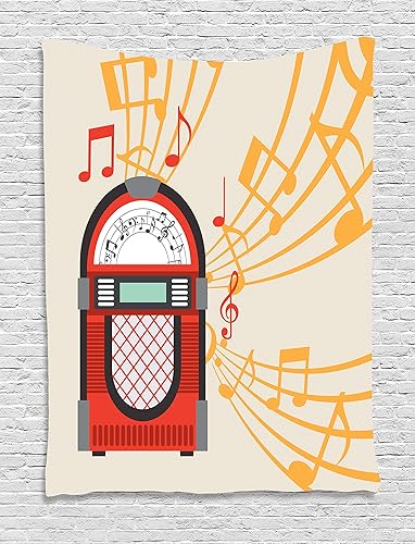 Lunarable Retro Tapestry, Colorful Vintage Jukebox Design with Musical Notes with Sheet on Pale Background, Wall Hanging for Bedroom Living Room