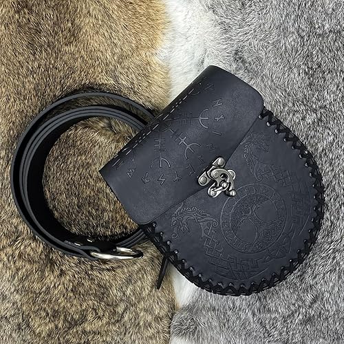 Miniatura 3 de HiiFeuer Cinturón medieval con anillo tórico en relieve con cinturón nórdico en relieve, cinturón de piel sintética vintage y bolsa para cinturón