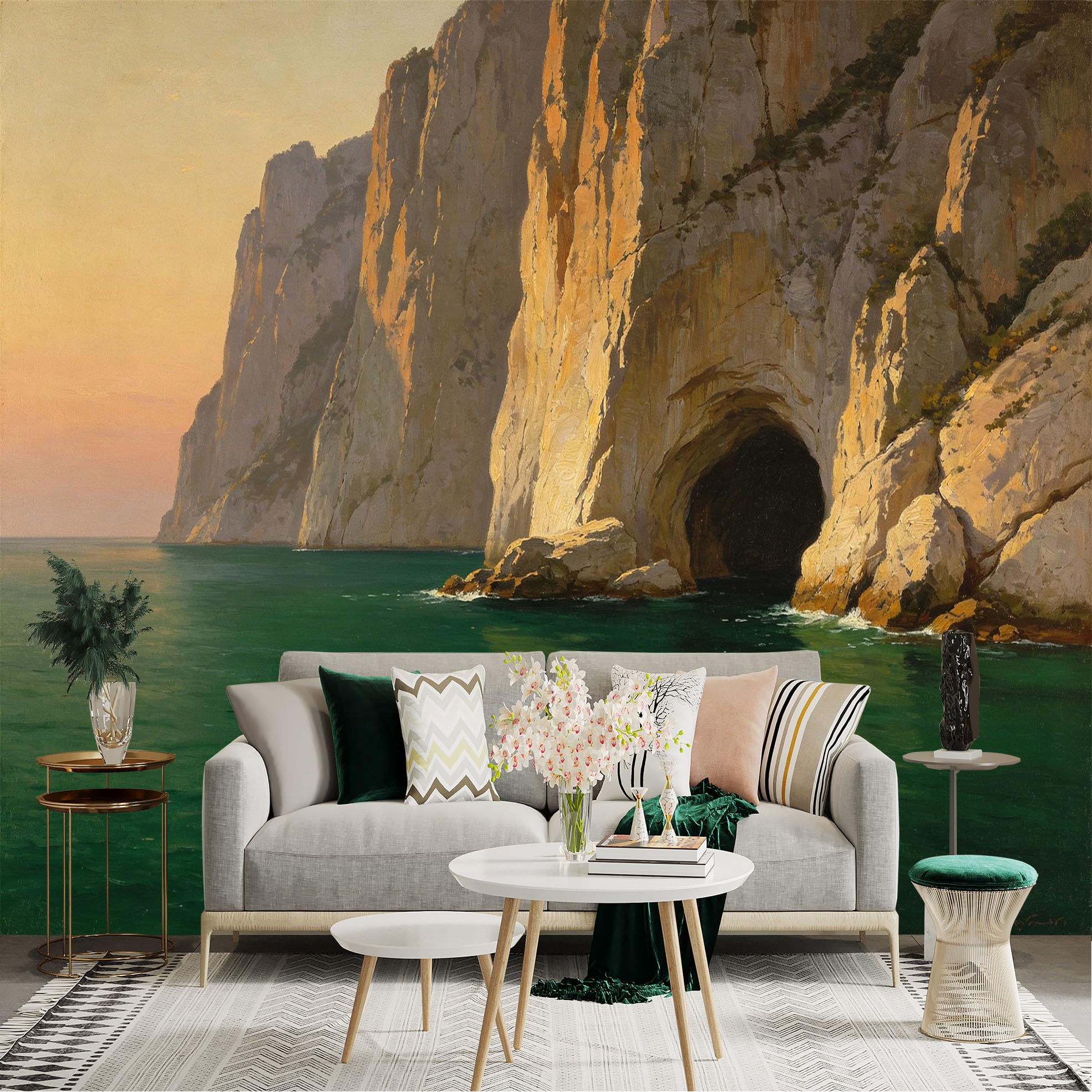 Lnzczhyre Dbh260521374 Custom Size Wall Sticker Mural， Majestic Coastal Cliffs， Serene Ocean Cave， Golden Sunset Horizon， Tranquil Sea Landscape， For Wall Decoration， Peelandstick Wall Decals.