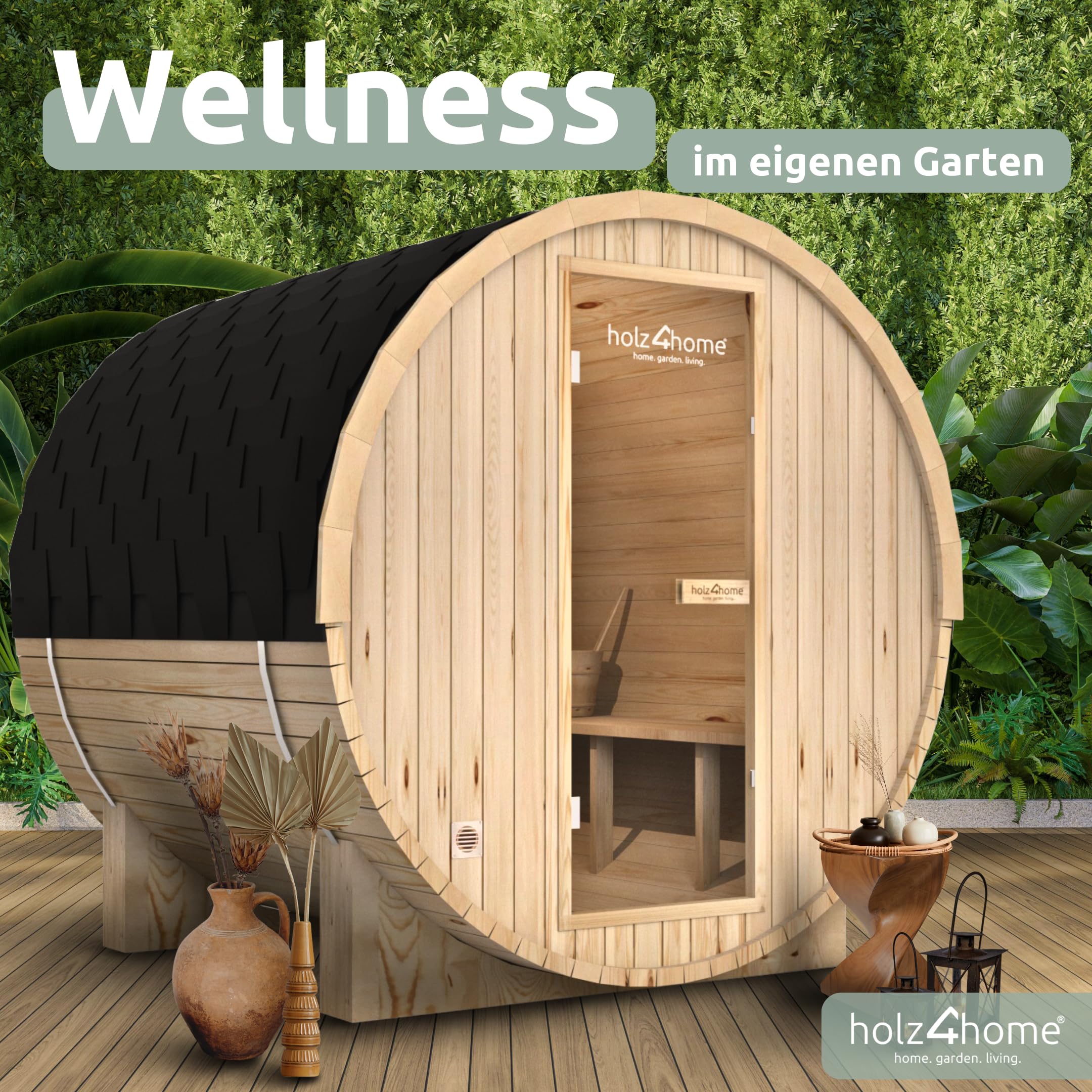 holz4home® Fasssauna Pini Wood inkl. Elektroofen I Gartensauna aus Fichtenholz I Aussensauna Saunafass Sauna für Terrasse Aussenbereich (Sauna L)