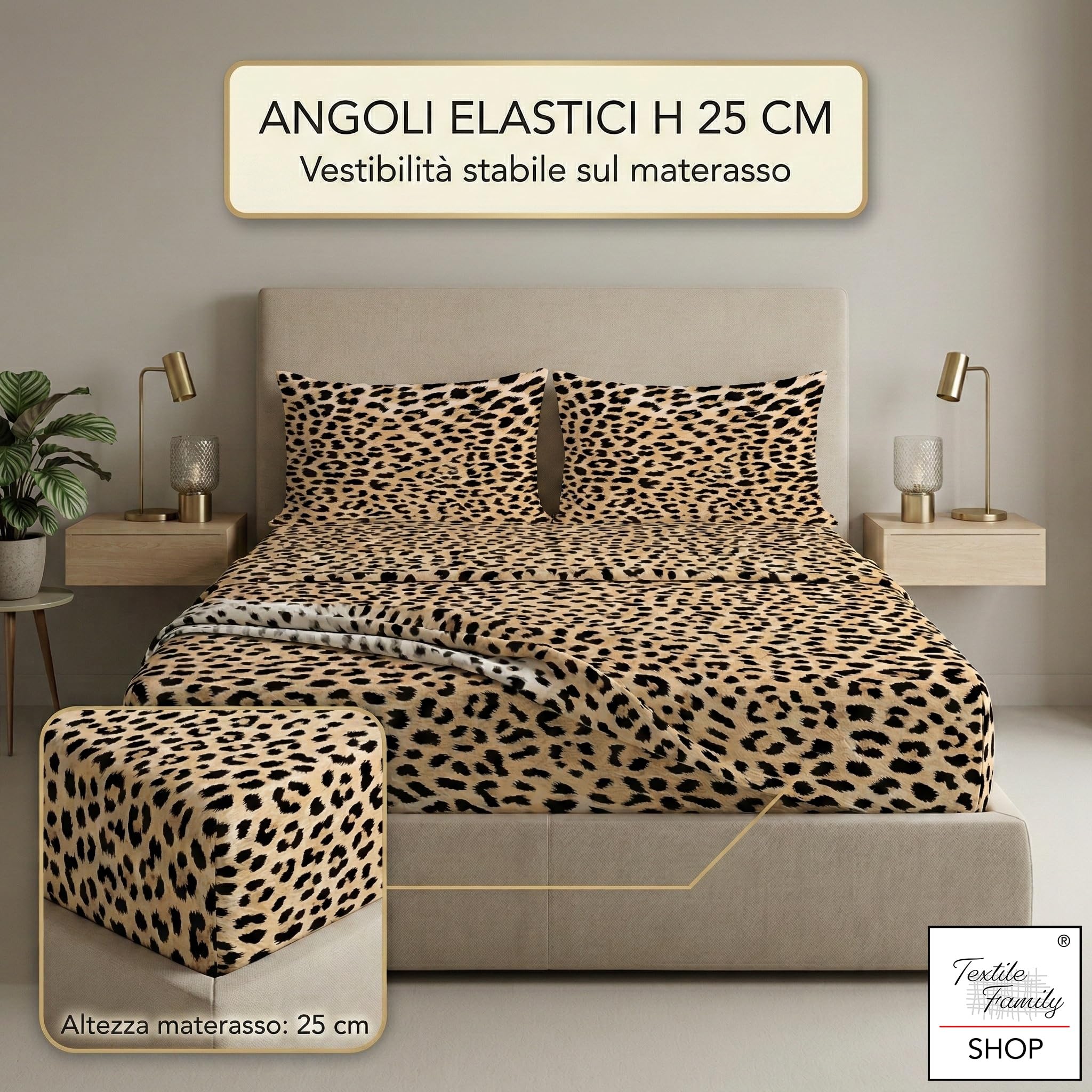 Tex family Completo Lenzuola Maculato Leopardato – 100% Cotone Made in Italy – Set con Lenzuolo Sopra, Lenzuolo Sotto con Angoli e Federe – Design Animalier Safari - Una Piazza