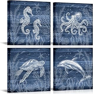 LyerArtork Ocean Decor Coastal Canvas Wall Art Navy Blue Sea Turtle Octopus Seahorse Dolphin Picture Sea Animal Marine Life Painting Artwork Wall Decor for Bathroom Nursery 12x12inchx4 Pieces