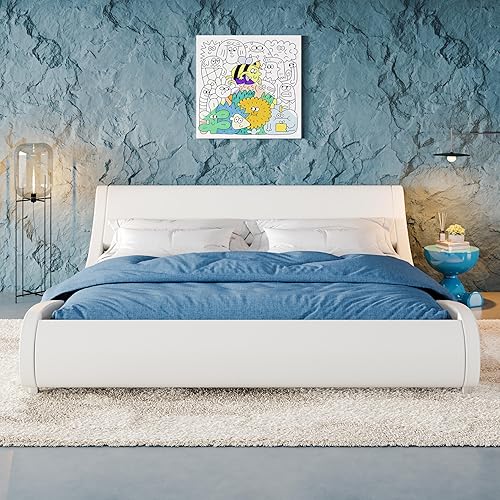 Miniatura 30 de Allewie Base de cama tapizada de tamaño matrimonial, moderna cama de trineo de perfil bajo con cabecera ajustable de piel sintética, soporte de