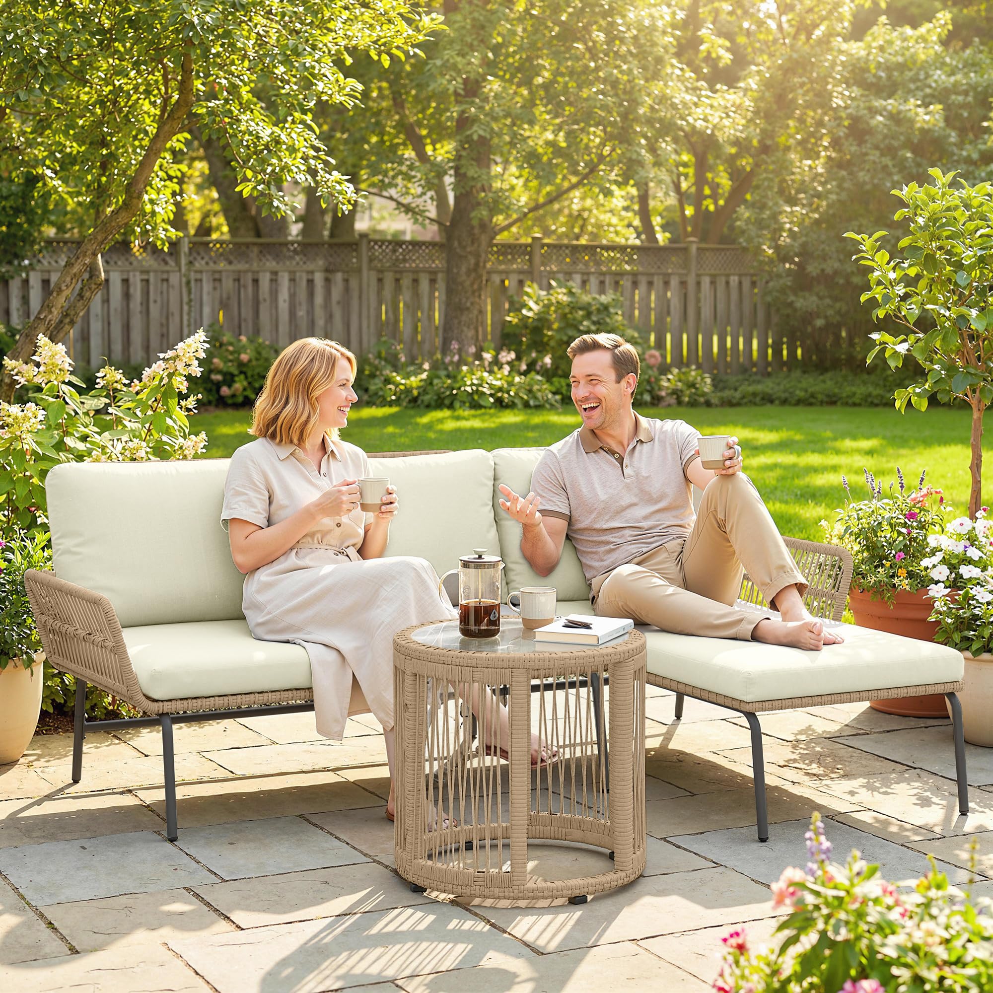 Outsunny Conjunto Jardín Exterior de Ratán con Cojines Conjunto Terraza Resistente a la Intemperie Muebles Jardín Exterior con Sofá de 2 Plazas Chaise Longue y Mesa de Tablero de Vidrio Templado Crema