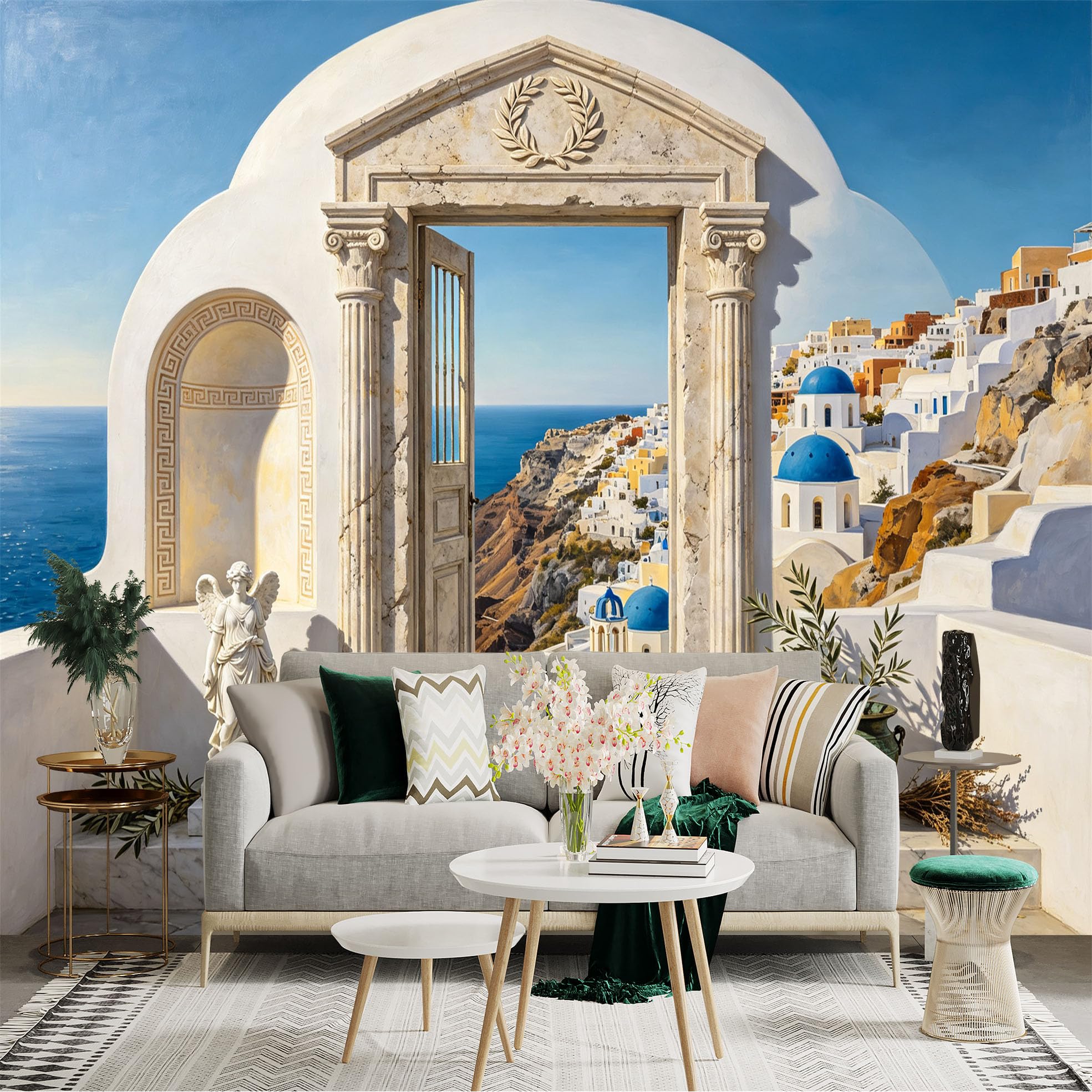 Custom Size Wall Sticker Mural， Mediterranean Coastal Village， White Architecture， Blue Dome Seaside View， for wall Decoration， peelandstick wall Decals.