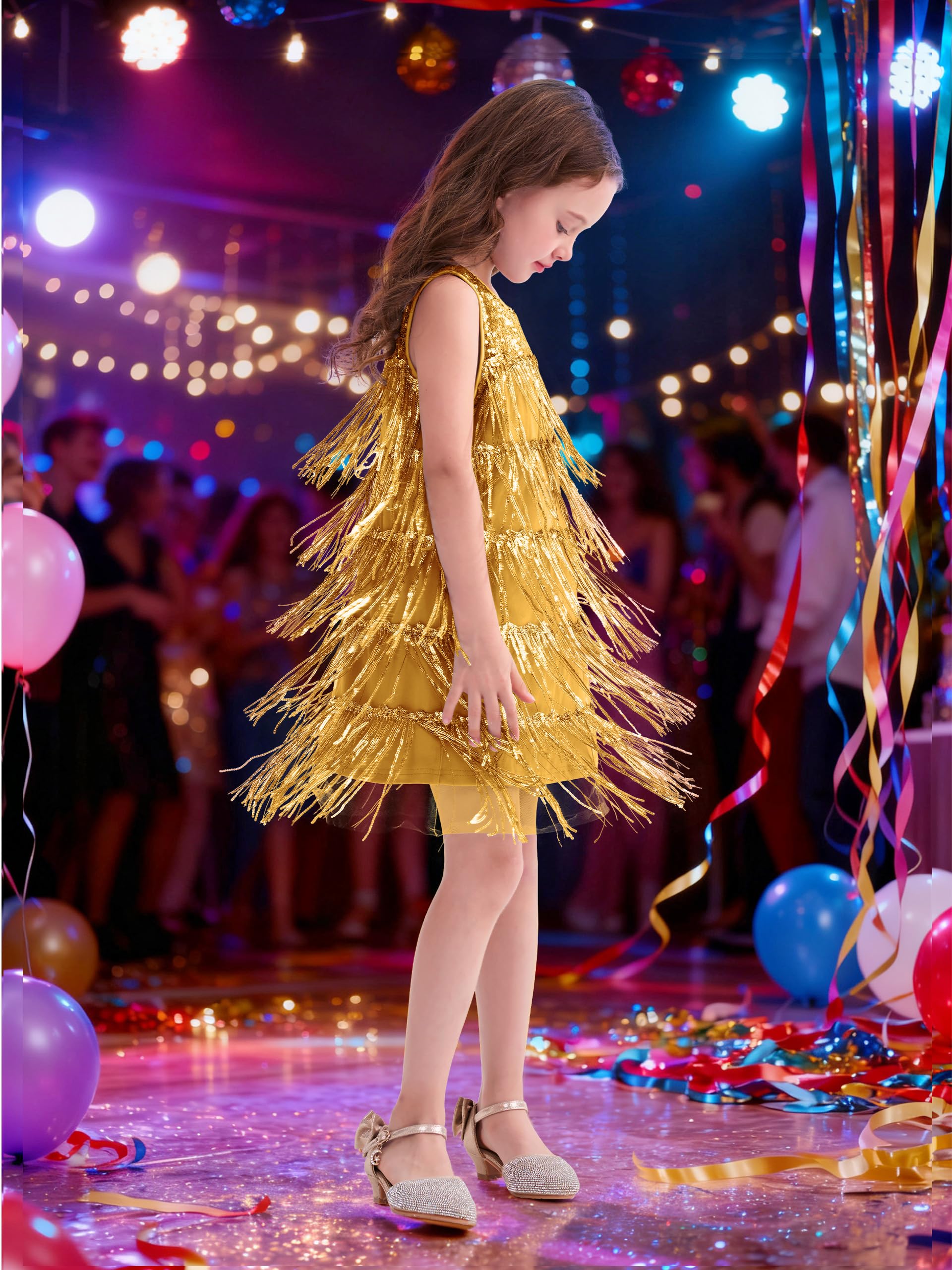 Vestido con Lentejuelas y Borlas para Niñas, Brillantes Carnaval Vestido con Pailletas Sin Mangas Vintage 20's Flapper de Fiesta