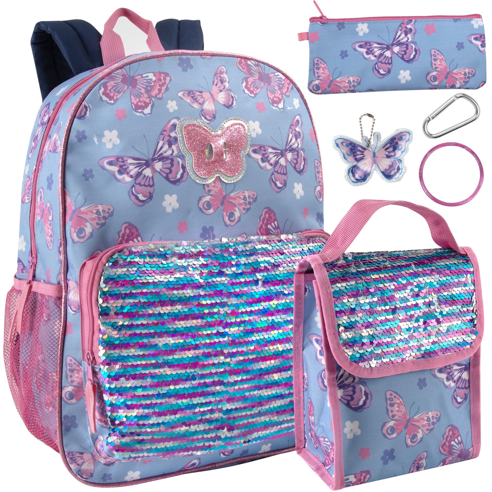 Trail maker Girls 6 in 1 Backpack and Lunch Box Set for School with Pencil Case, Water Bottle, Keychain Attached for Kids (Sequins & Butterflies)