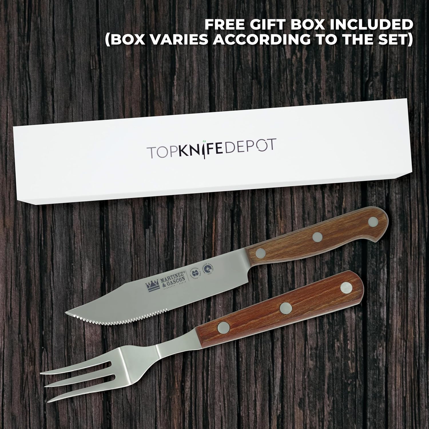 Lodge Steak Knife & Fork Set – Serrated Blade – Molybdenum Vanadium Stainless Steel - Layered Oak Wood Handle - Excellent choice for informal or formal BBQs - Set includes 1 Knife & 1 Fork