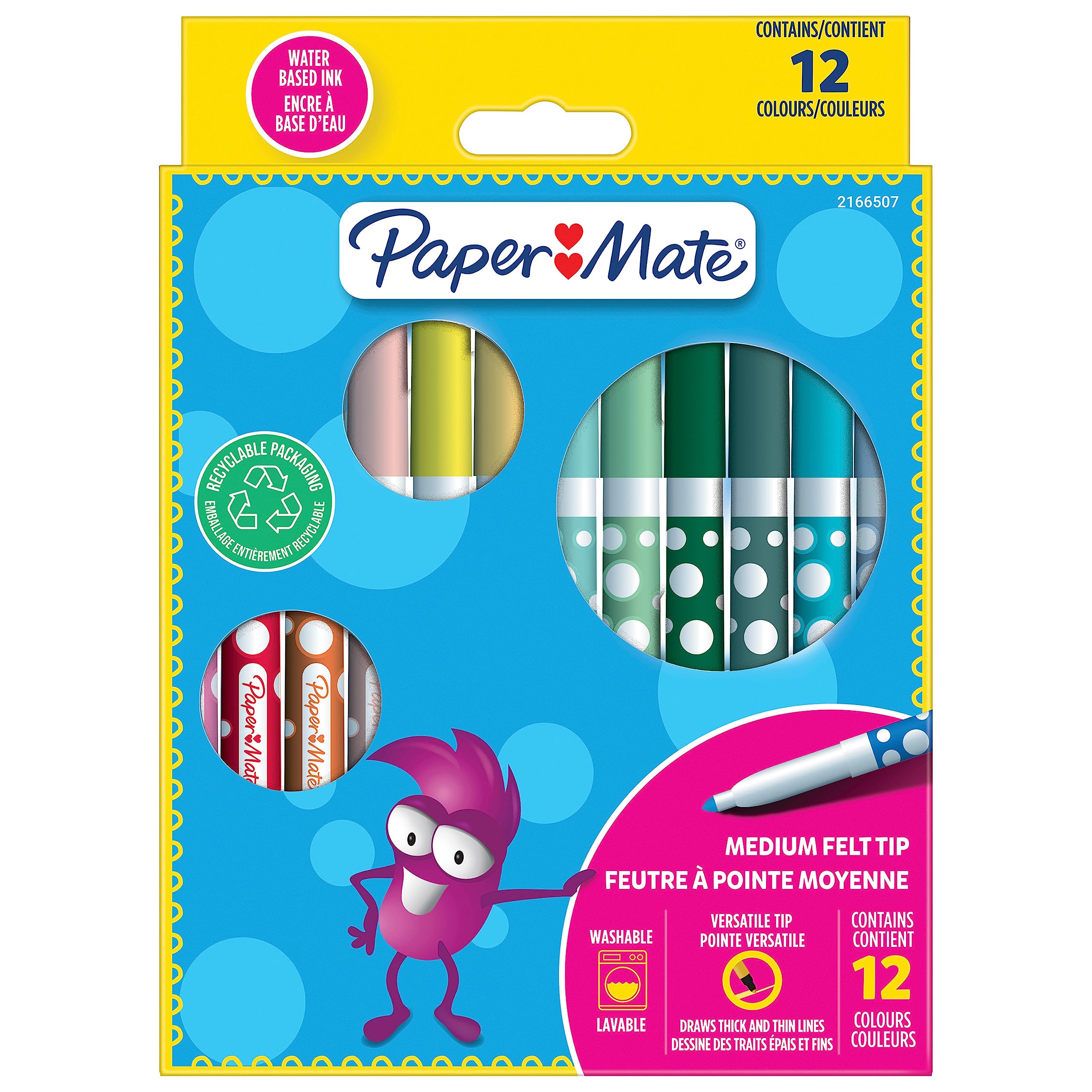 Paper MateKids Color Felt Pens, Washable Ink, Assorted Colours, 12 Felt-Tip Pens
