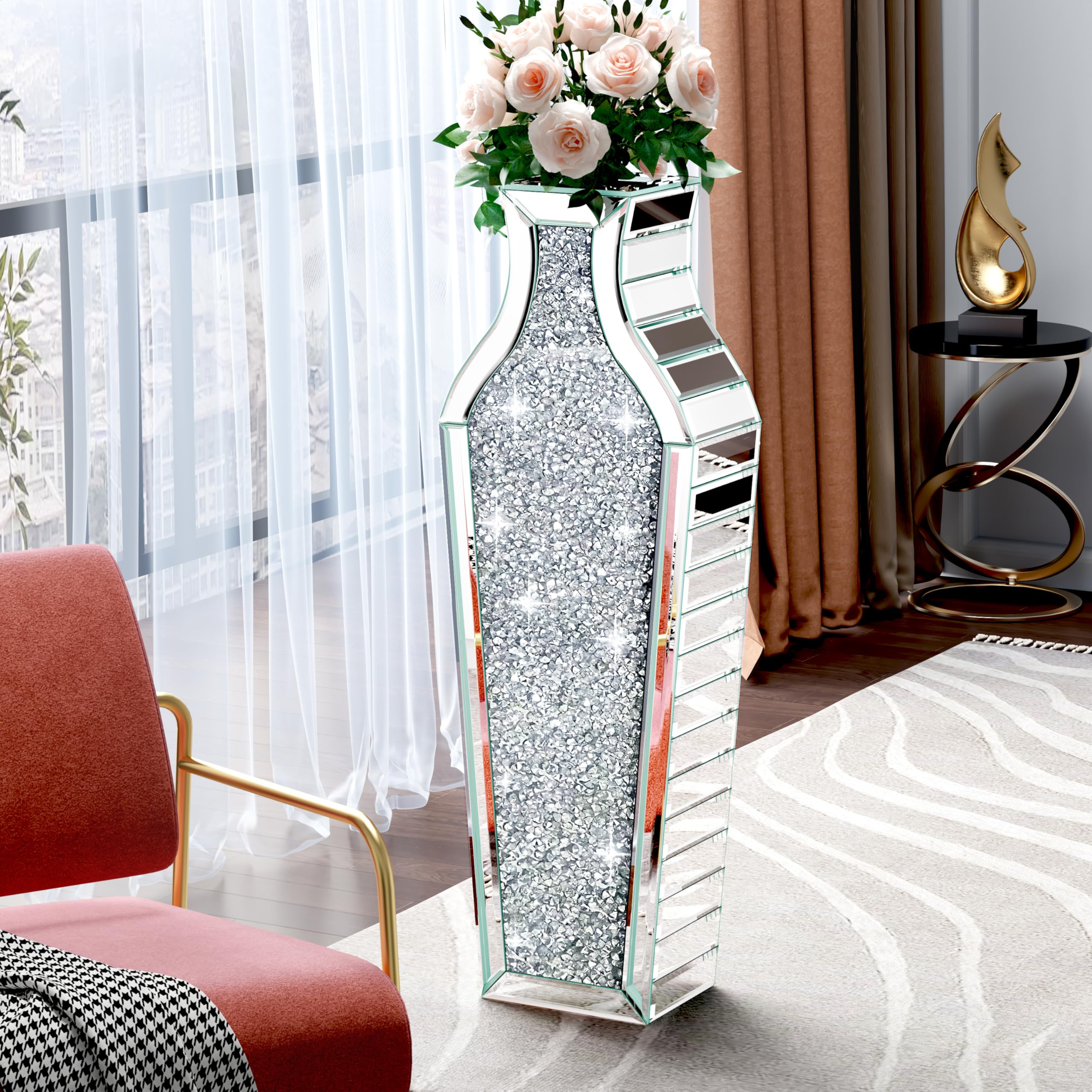 Jarrón grande de cristal de diamante triturado de 27 pulgadas de alto para decoración de sala de estar, jarrones grandes de vidrio
