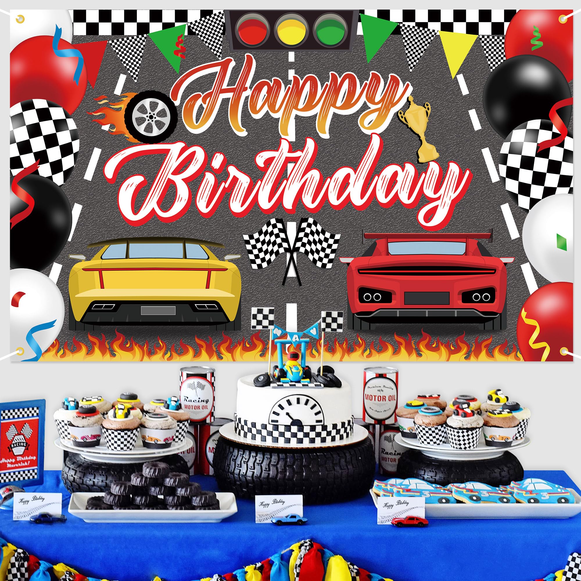 Samochody wyścigowe Happy Birthday Dekoracje Tło Baner, Samochód Wyścigowy Szybkie Dekoracje Na Imprezę Urodzinową Tło Zdjęcie Tło na Przyjęcie Urodzinowe Chłopcy Dzieci Mężczyźni Uroczystość, 150 x