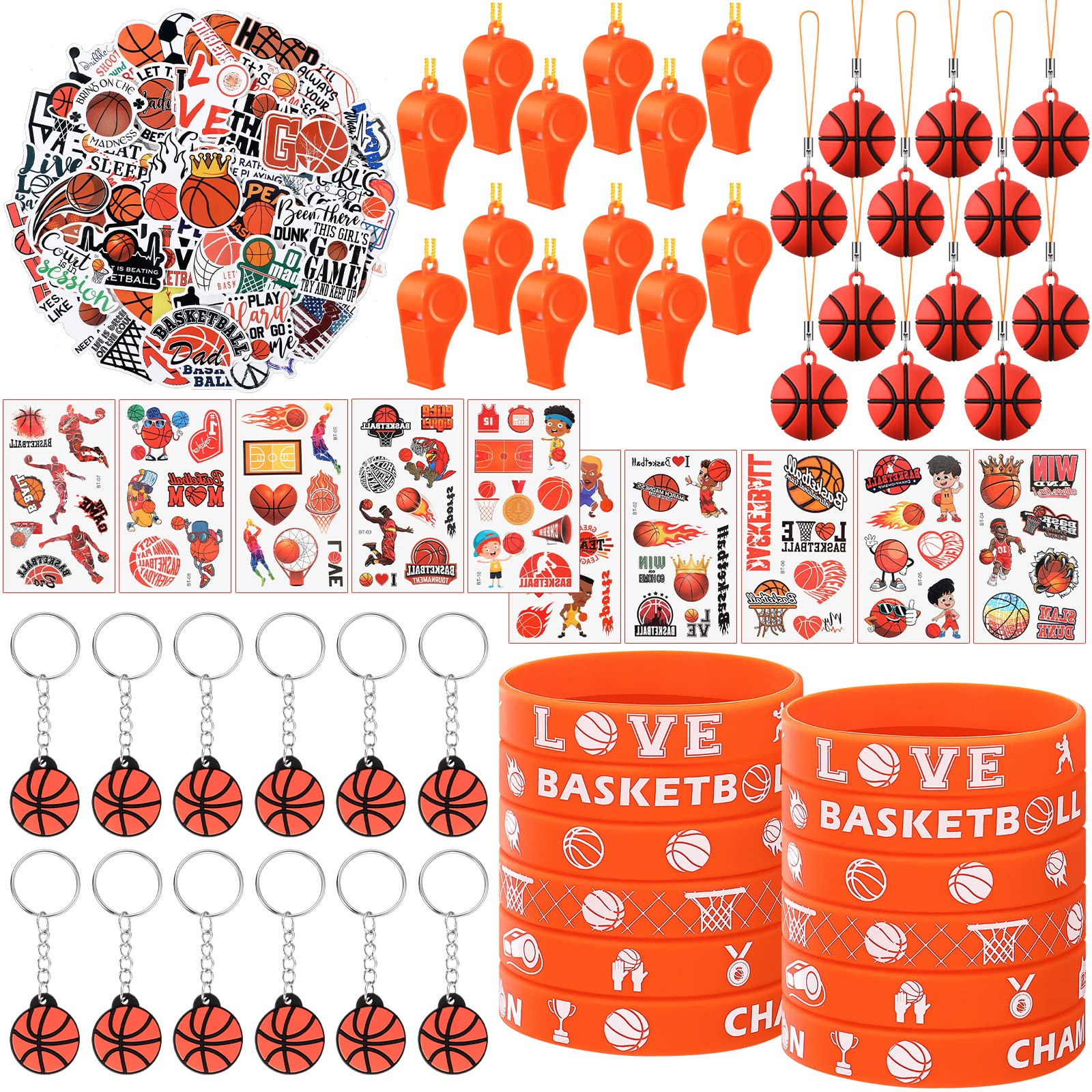 Aoriher 120 Pieces Basketball Party Favors Set, Basketball Goodie Bag Fillers, Toy Whistle Silicone Bracelet Luminous Tattoo Sticker Keychain for Basketball Party Supplies