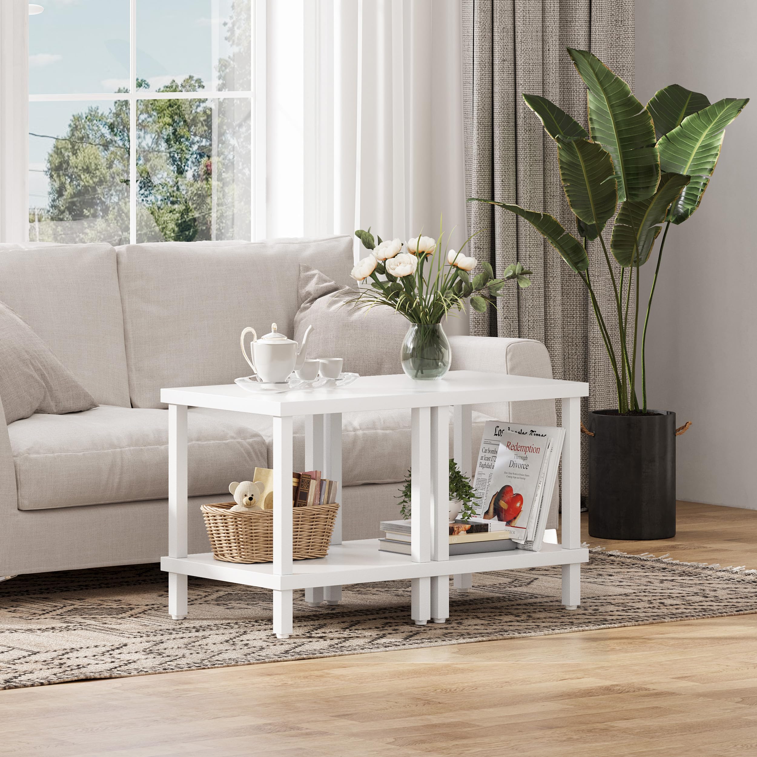 Mesa Auxiliar Pequeña de Madera de Ideal para Salón o Dormitorio Medidas 50x50x58cm Mesa Centro à Deux Niveaux Elegante y Funcional Cuadrado Blanco LET510W