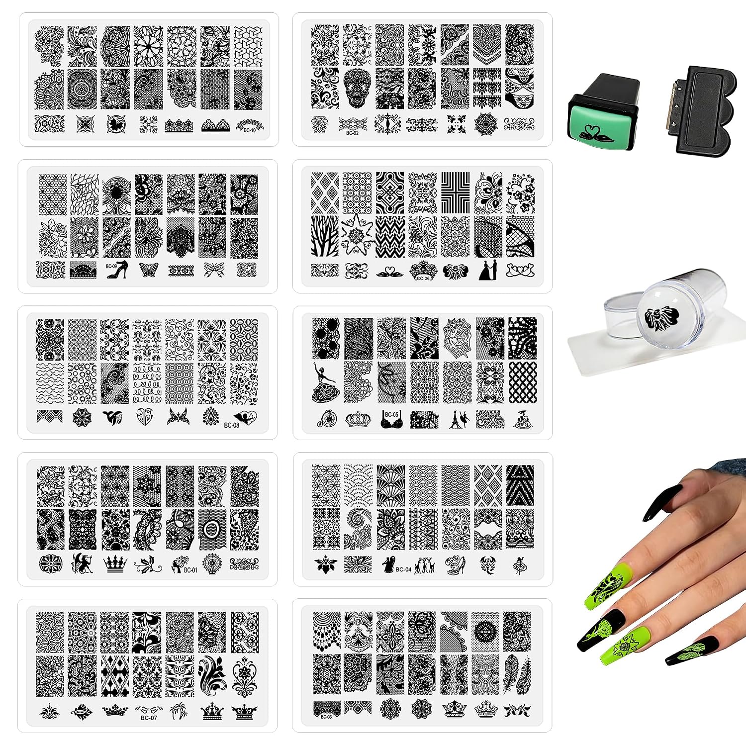 Beauty Leader 10PCS Nail Art Stamping Plates Mix Design Image Plates with White Plastic Plate Holder+1 Pcs Square Rubber Stamper DIY Nail Art Image Stamp Template(1-10)