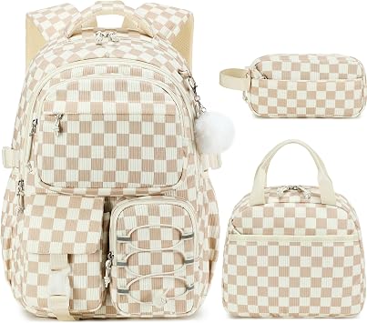 School Backpack for Girls, 3PCS Corduroy Girls Backpack with Lunch Box & Pencil Case, Bookbag for Girl Teens Elementary Middle High School, Lightweight Laptop Backpack Travel Daypack Brown Checkered