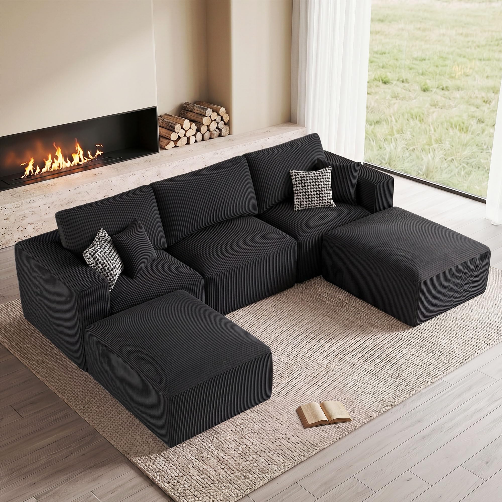 Living&Giving（WALKBON） 115" Modular Sectional Sofa, U Shaped Cloud Boneless Couch Black