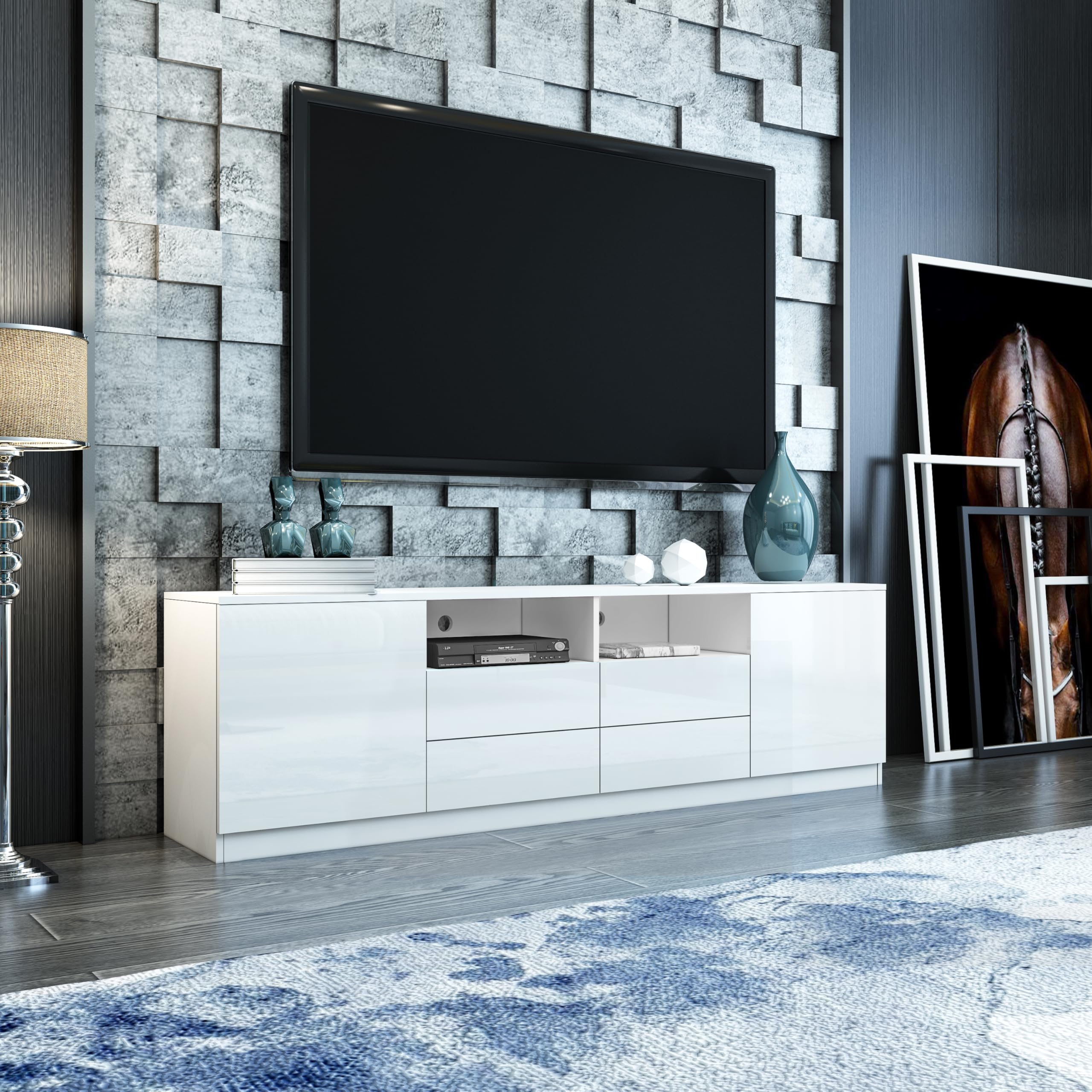TV Lowboard für Wohnzimmer, Weiß Hochglanz TV Schrank mit LED | 2 Türen 4 Schubladen, Modernes Fernsehschrank für Wohnzimmer Schlafzimmer Möbel 180cm
