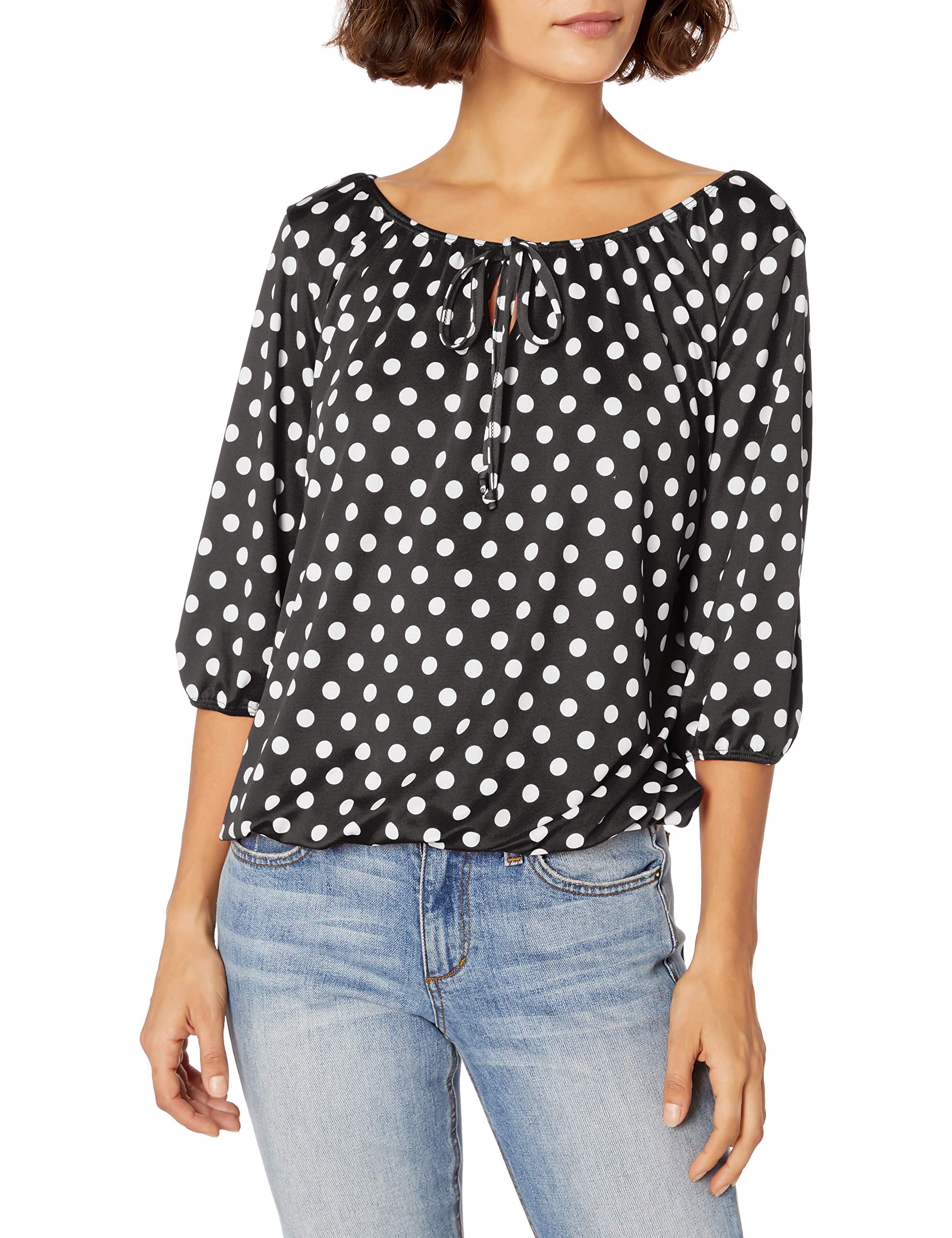 Star Vixen Women's Petite 3/4 Sleeve Tieneck Elasticized Peasant Top, Black Dot, Medium Petite