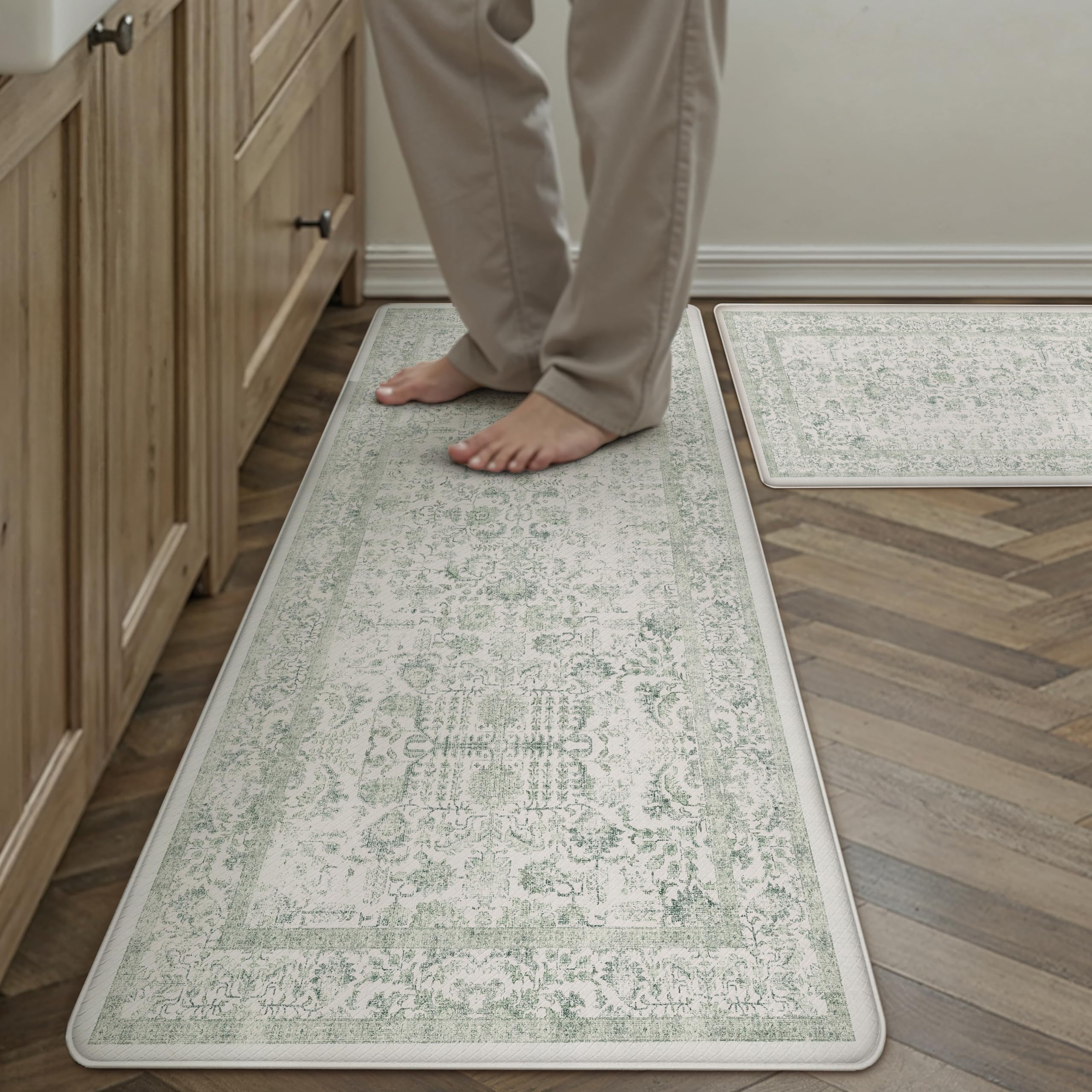 Kitchen Mats 2PCS Anti Fatigue Cushioned Mat Beige Vintage Kitchen Mats for Floor Waterproof Non Slip Comfort Standing Oriental Medallion Rug for Sink Laundry Office 17.3"x47"+17.3"x30" — view 11