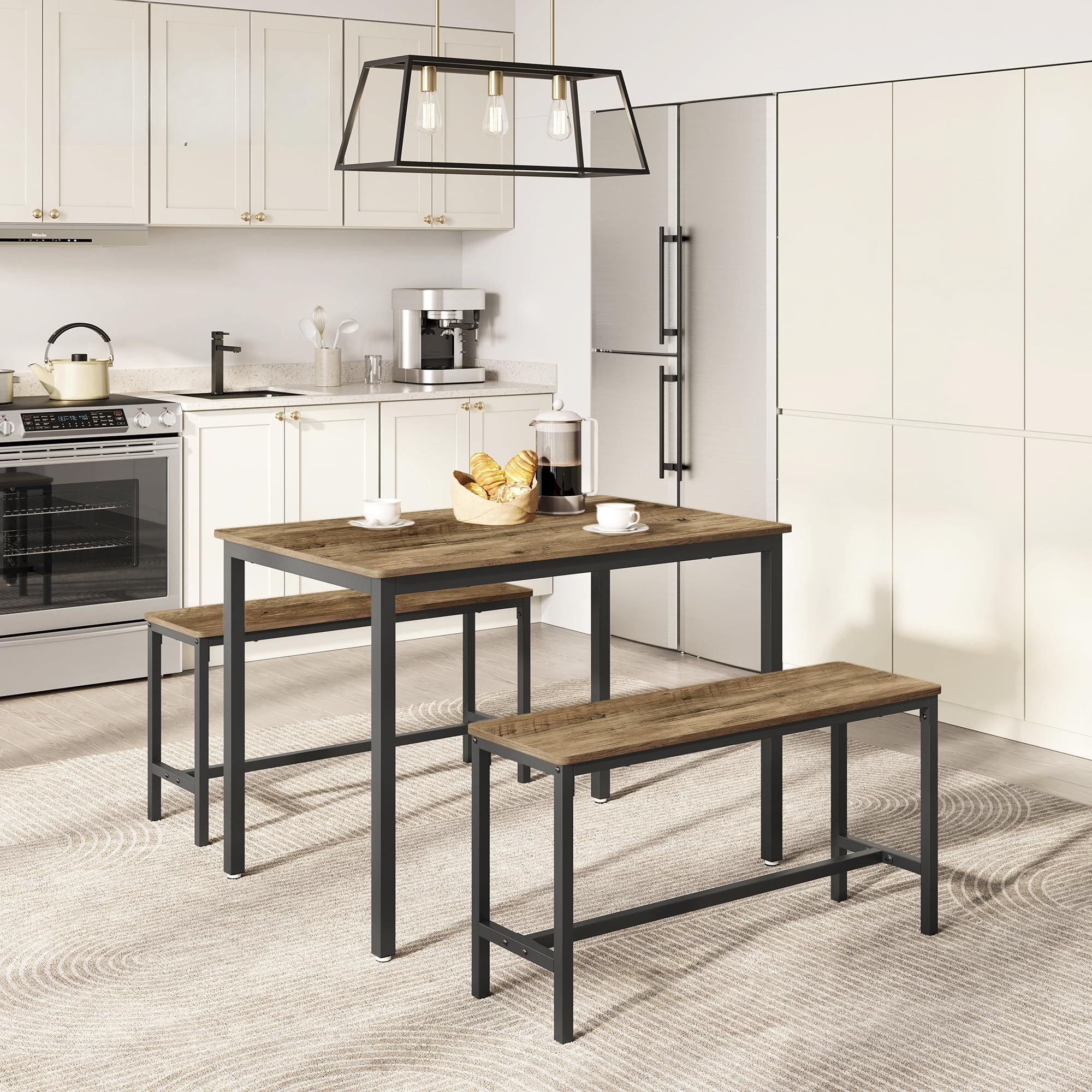 VASAGLE Dining Table with 2 Benches, 3 Piece Set, Kitchen Table of 70 x 110 x 75 cm, 2 Benches of 30 x 97 x 50 cm Each, Steel Frame, Honey Brown and Ink Black KDT070B41