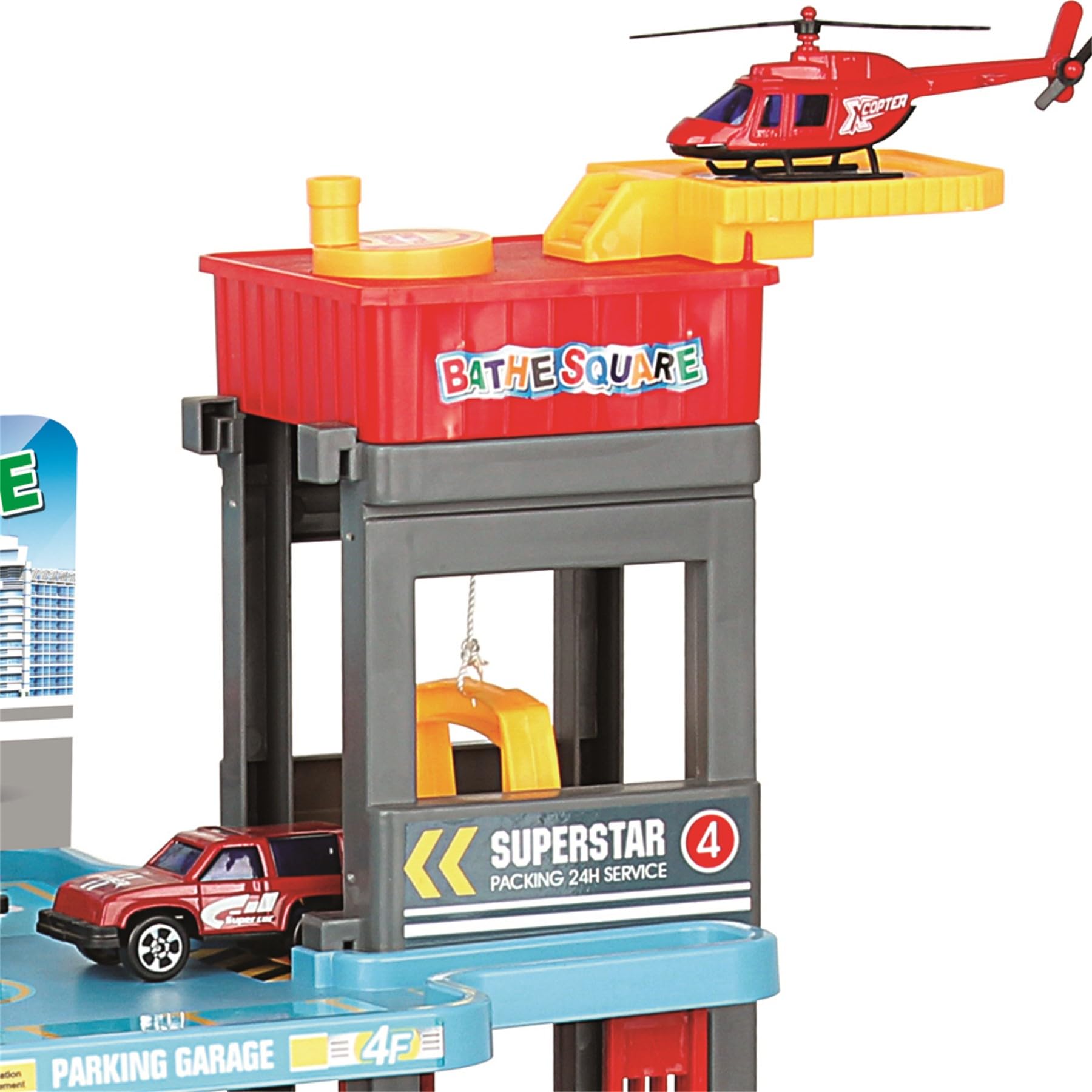 Parcheggio giocattolo per bambini con 4 livelli, ascensore e stazione di servizio, set da gioco incl. 4 auto in metallo e un elicottero, garage per auto con piazzola di atterraggio per elicotteri per