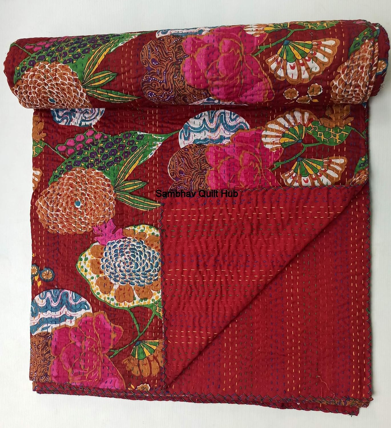 Maroon Fruit Kantha with 2 Pillow Cover Vintage Ethnic Floral Cotton Quilting Fruit Kantha Quilt Coverlet Bedspread Patchwork Stitch Blanket Twin/Queen/California King Size (60X90 inches)