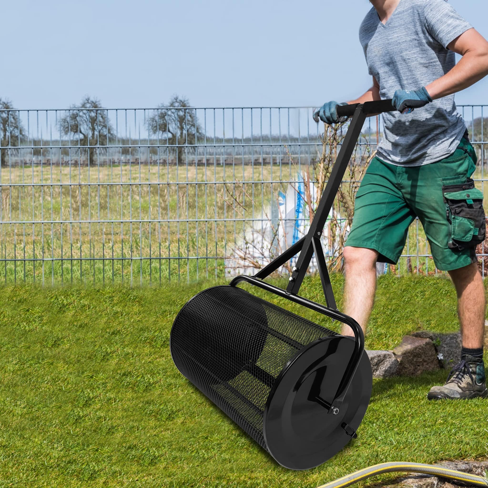 UISEBRT Esparcidor de compostaje de 80 l, color negro, con asa, esparcidor de compost y turba con cesta de malla, 65 cm de ancho, para compost, abono, turba