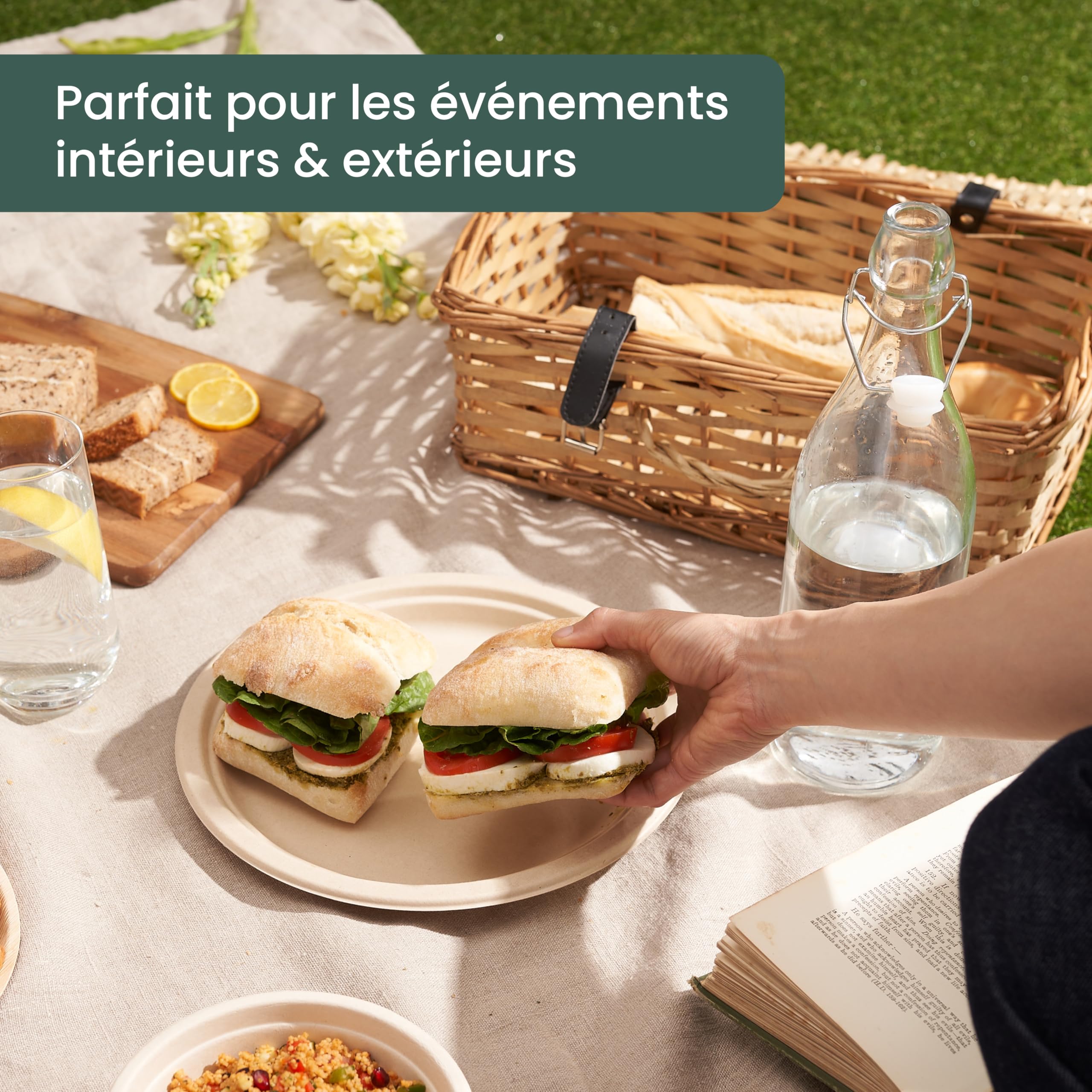 HAAGO 100 Assiettes Jetables Solides & Compostables 26 cm / 10" – Canne à Sucre (Bagasse) – Assiettes Carton Rigides, Anti-Graisse & Anti-Fuites – Pour Chaud & Froid, Buffet, BBQ, Traiteur